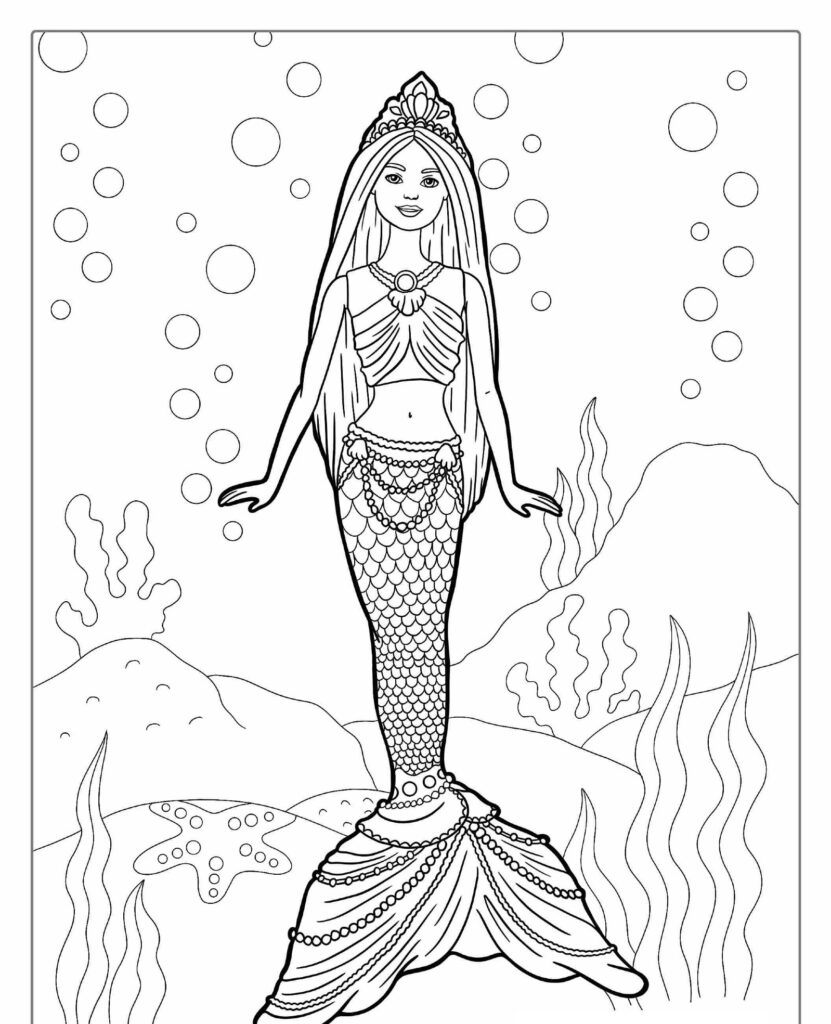 Uma sereia parada debaixo d'água, cercada por bolhas, corais e algas marinhas, usando um top e uma coroa decorativos de conchas; parece um lindo desenho da Barbie pronto para colorir. Para colorir.