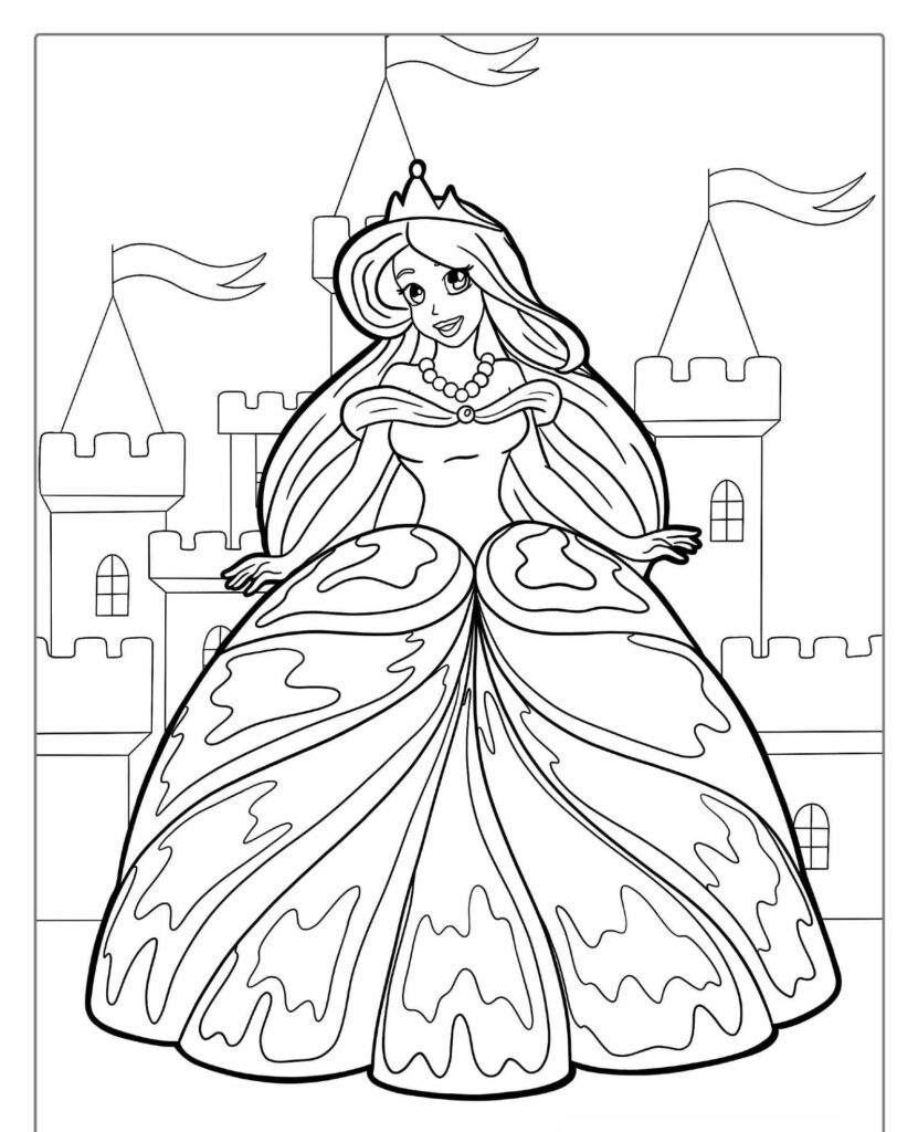 Uma princesa parecida com a Barbie, usando uma coroa e um vestido esvoaçante, está em frente a um castelo com bandeiras tremulando nas torres, como se tivesse saído de um desenho para colorir. Para colorir.