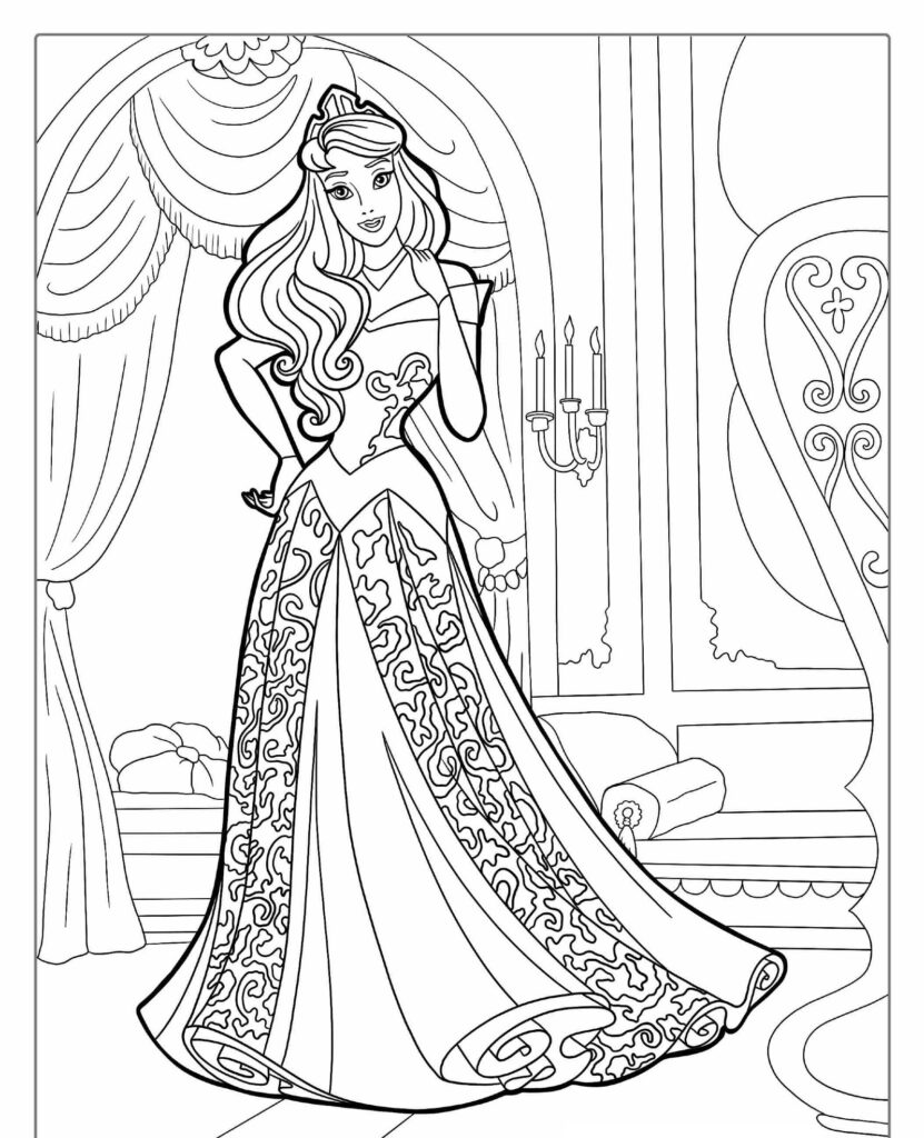 Uma princesa em um vestido ornamentado está em um quarto real com uma cama de dossel e candelabros ao fundo. Esta página para colorir com tema Barbie certamente encantará. Para colorir.