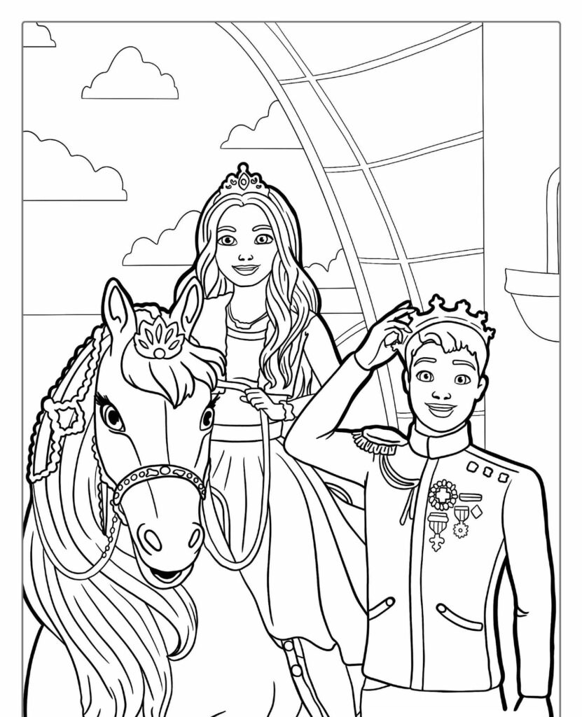 Uma princesa em um cavalo e um príncipe ao lado dela dentro de um palácio, ambos sorrindo e acenando, como uma cena de um desenho colorido da Barbie pronto para colorir. Para colorir.