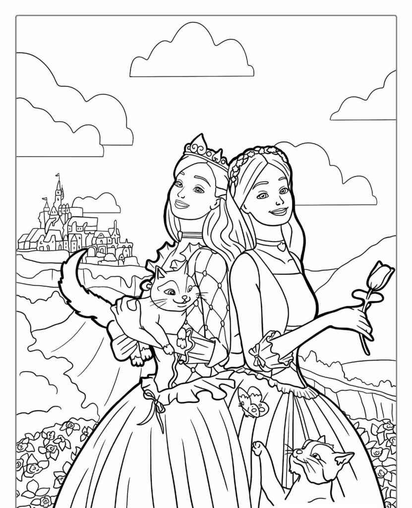 Duas princesas segurando gatos, com um castelo ao fundo e um campo de flores em primeiro plano, criam um cenário encantador perfeito para qualquer desenho ou livro de colorir. Para colorir.