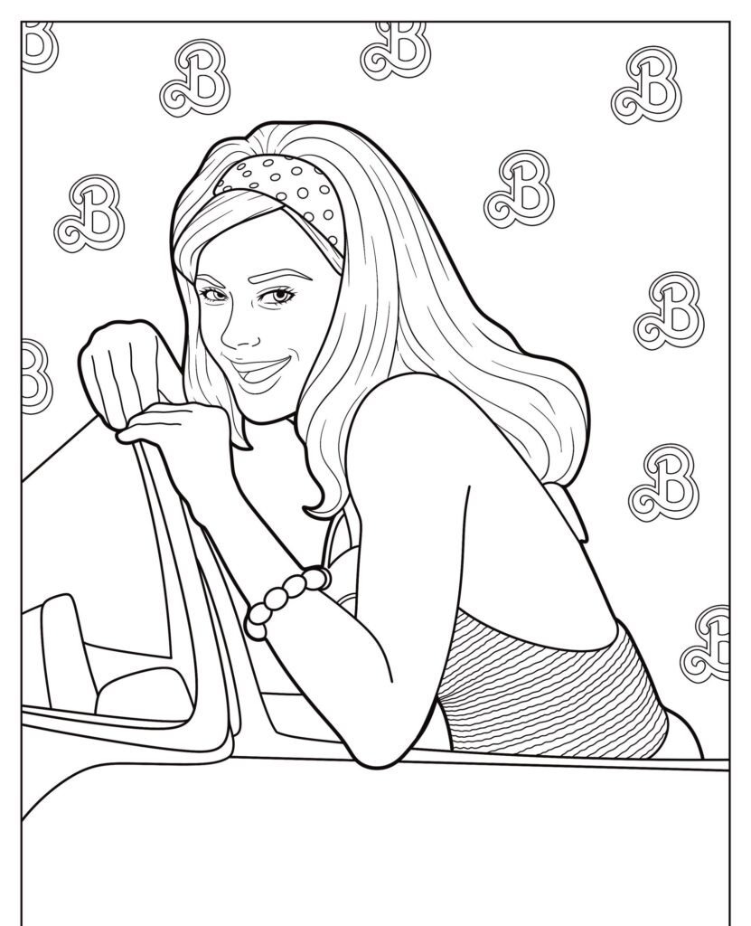 Uma mulher sorri enquanto se apoia na porta de um carro em uma imagem estilo livro de colorir, que lembra um desenho da Barbie, com símbolos "B" ao fundo. Para colorir.