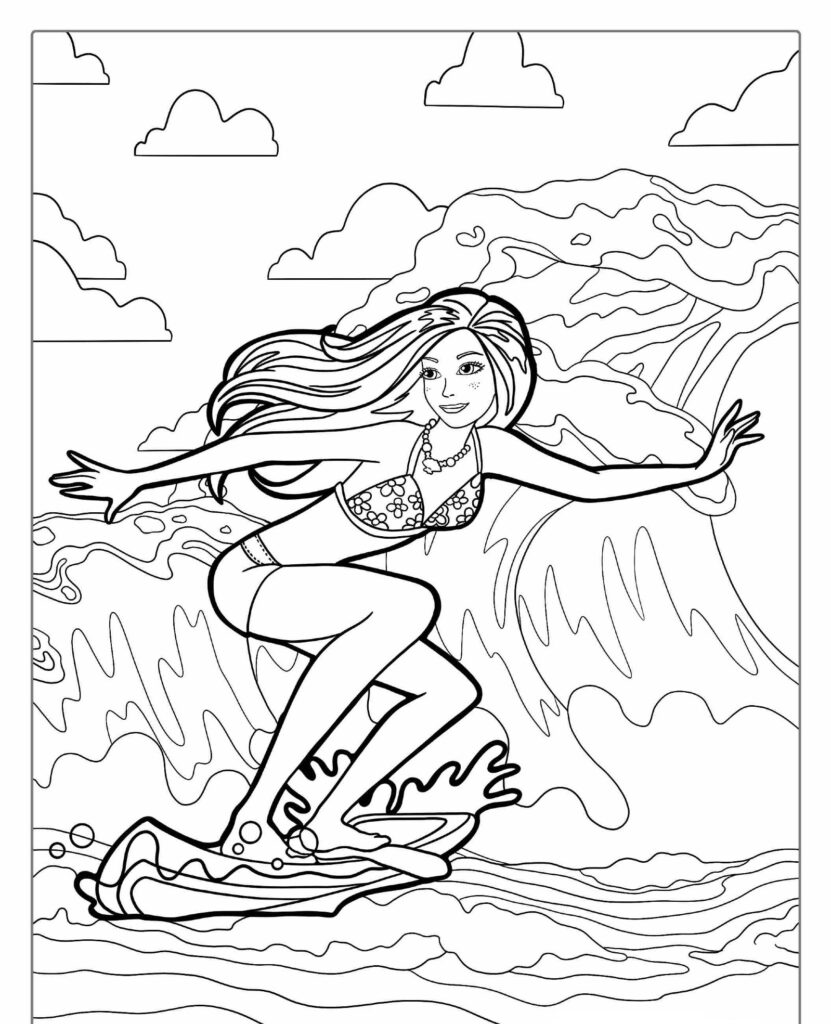 Uma mulher surfando em uma onda com nuvens ao fundo, usando um biquíni, em um desenho de arte linear que parece fazer parte de uma coleção de Desenho Para Colorir. Para colorir.