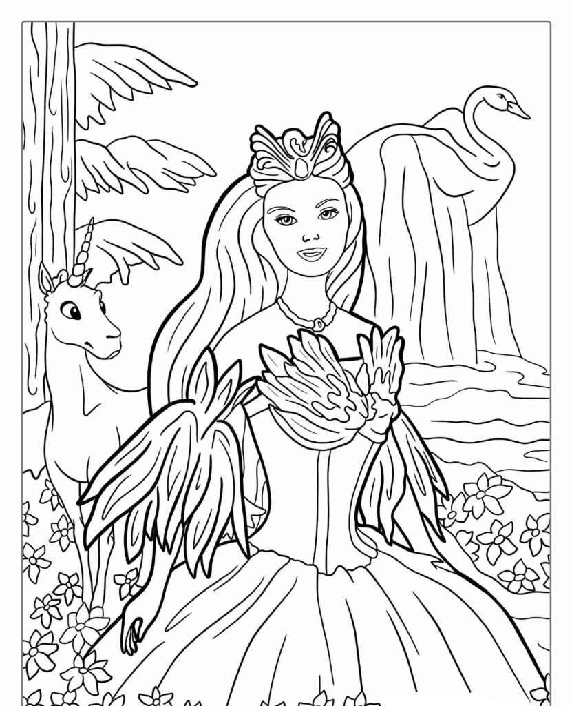 Uma princesa Barbie em um vestido com tema de pássaros está graciosamente com um unicórnio atrás dela e um cisne perto do lago em um cenário sereno de floresta, perfeito para qualquer Desenho para Colorir. Para colorir.