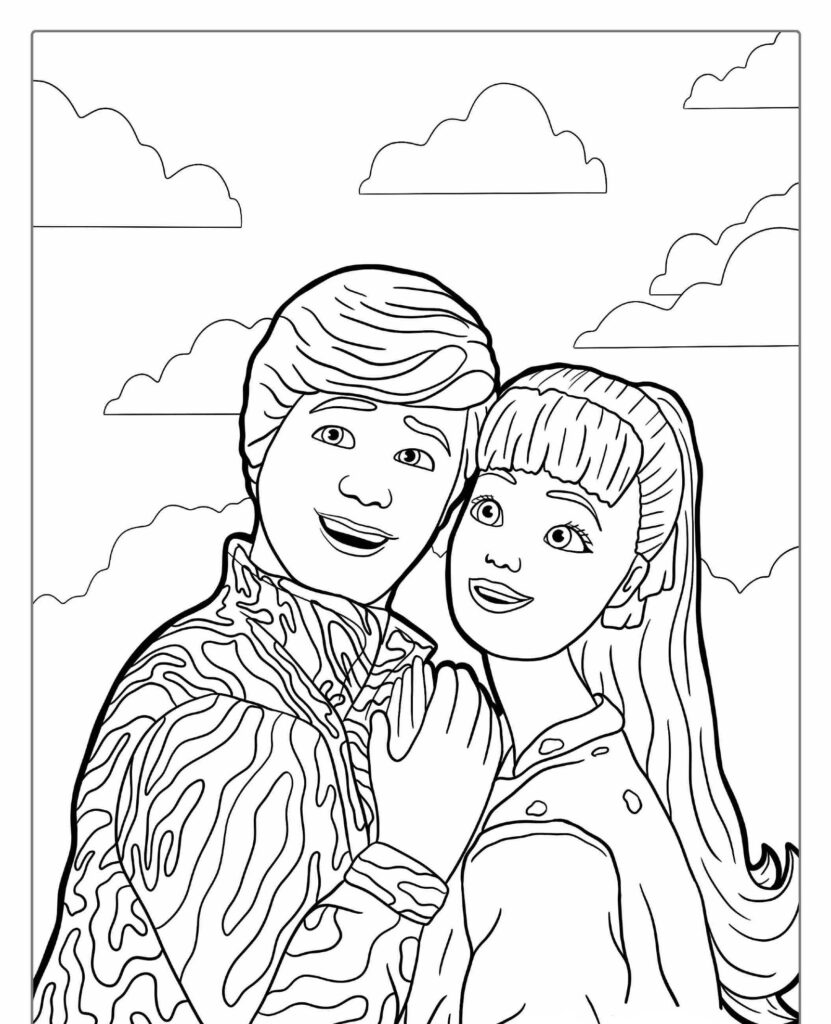 Um desenho de um casal com as cabeças juntas, sorrindo, contra um fundo de céu nublado, perfeito para Desenho Para Colorir. Para colorir.