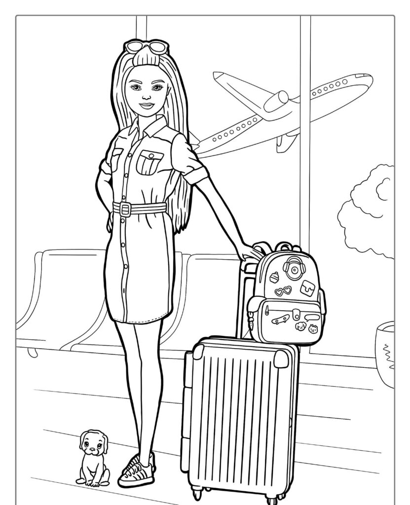 Barbie com uma mala e mochila no aeroporto, de pé ao lado de um cachorrinho com um avião ao fundo. Desenho Para Colorir estilo livro de colorir, pronto para imprimir e aproveitar! Para colorir.