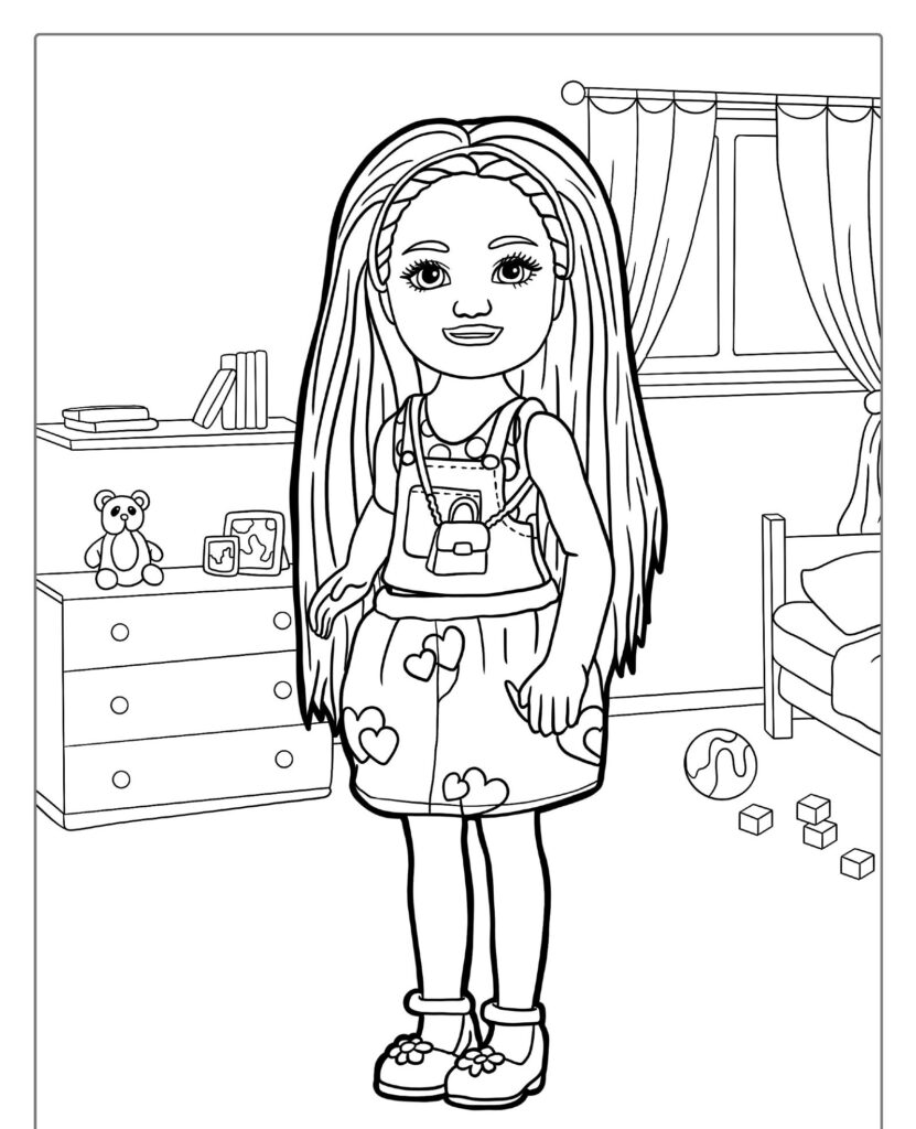 Uma menina com cabelos longos está em um quarto com uma cômoda, cama e brinquedos. Desenho de Barbie para colorir. Página para colorir. Para colorir.