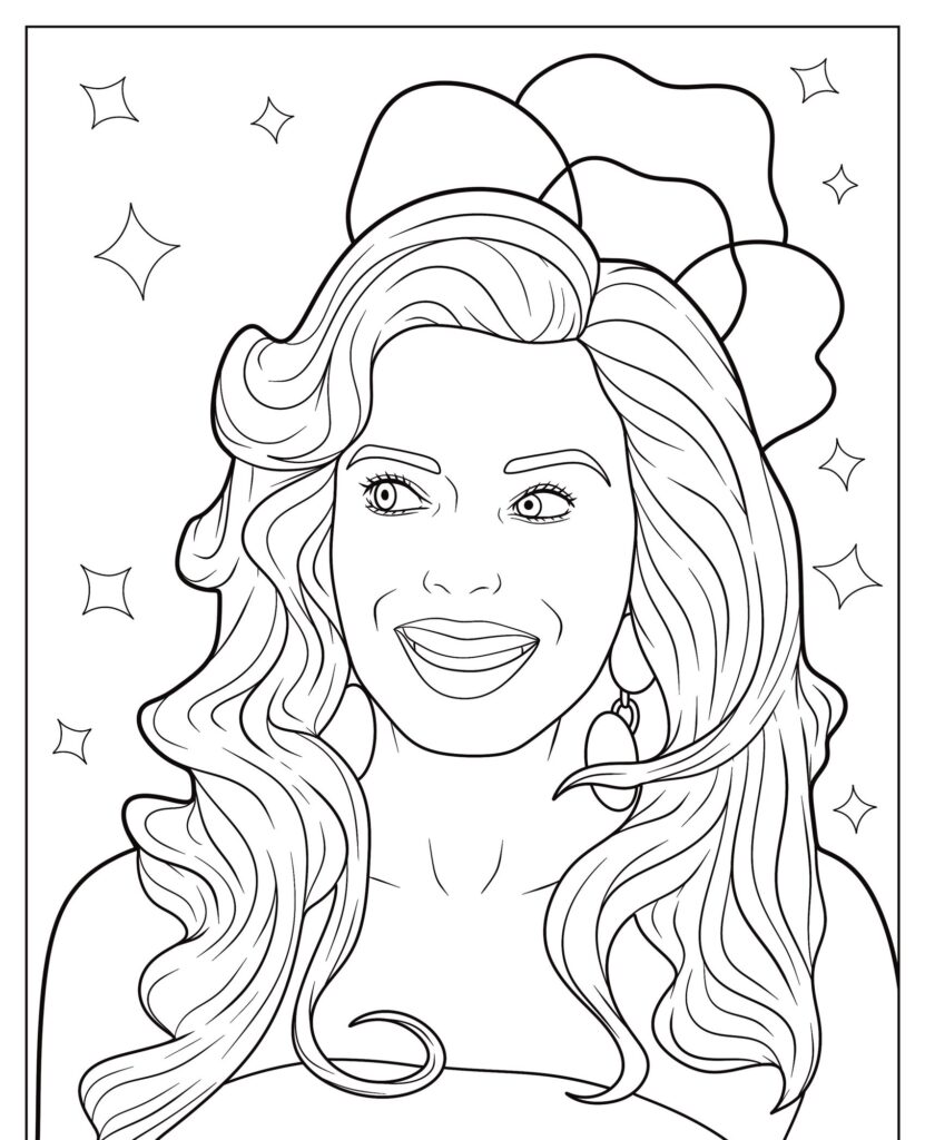 Um desenho em preto e branco de uma mulher sorridente com cabelos ondulados, usando brincos e um grande laço no cabelo, com estrelas ao fundo. Para colorir.