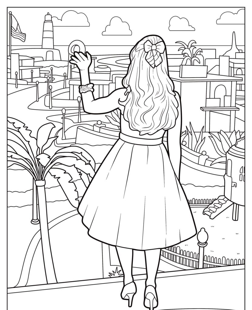 Uma garota de vestido acena enquanto observa uma cidade litorânea com um farol ao longe, que lembra uma cena encantadora da Barbie. Para colorir.