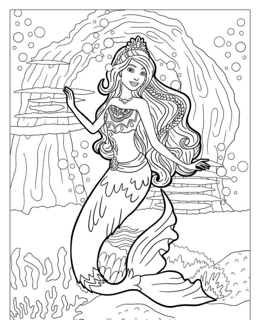 Uma página de colorir detalhada com uma sereia sorridente com cabelos longos e uma coroa decorativa, posando debaixo d'água, lembrando o estilo encantador da Barbie. Ideal para quem ama desenho e colorir. Para colorir.