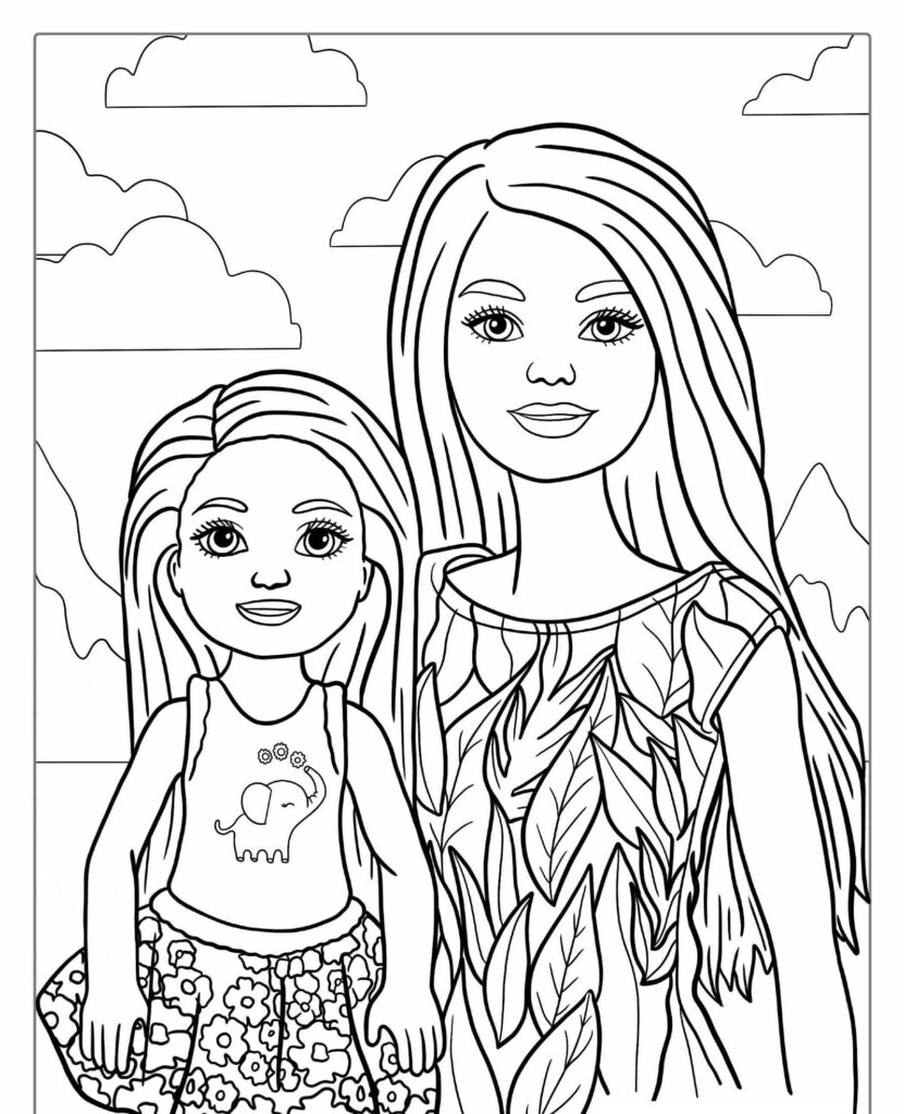 Uma página de Desenho Para Colorir com uma mulher e uma menina parecidas com bonecas, com cabelos longos, cercadas por nuvens e montanhas, perfeita para você imprimir. Para colorir.