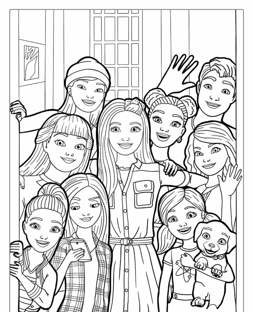 Um grupo de personagens de desenho animado sorridentes, incluindo Barbie, posando para uma foto com alguns segurando um cachorro e outro segurando um telefone para tirar uma selfie. Perfeito para uma atividade de imprimir desenho para colorir! Para colorir.