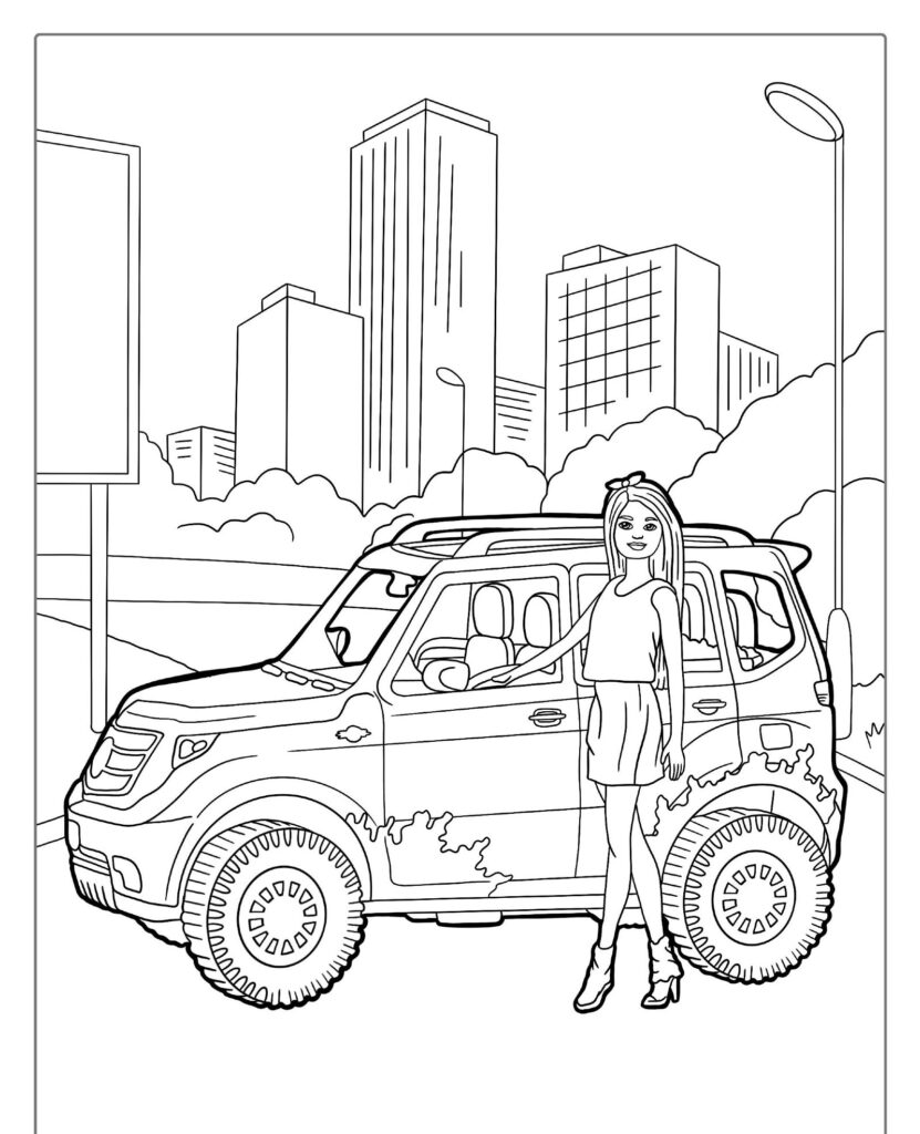 Uma mulher está ao lado de um veículo off-road, com arranha-céus e postes de luz ao fundo, segurando um livro "Barbie Desenho Para Colorir" pronto para imprimir. Para colorir.