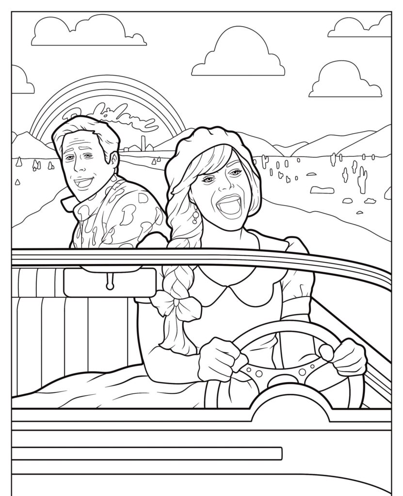 Duas pessoas sorrindo em um carro tendo como pano de fundo um arco-íris, nuvens e uma paisagem aberta, evocando os tons alegres de um desenho da Barbie. Para colorir.