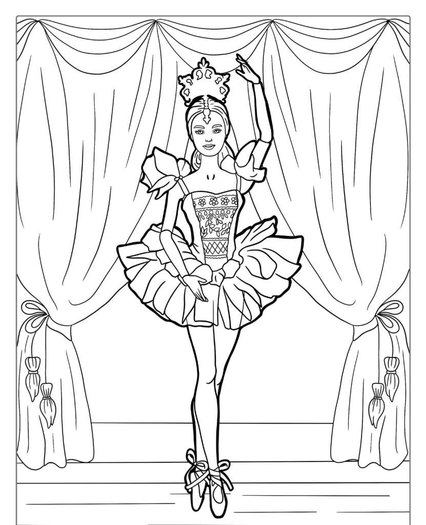 Bailarina de tutu se apresentando no palco com os braços levantados, cortinas ao fundo, lembrando uma Barbie desenho para colorir, perfeito para imprimir. Para colorir.