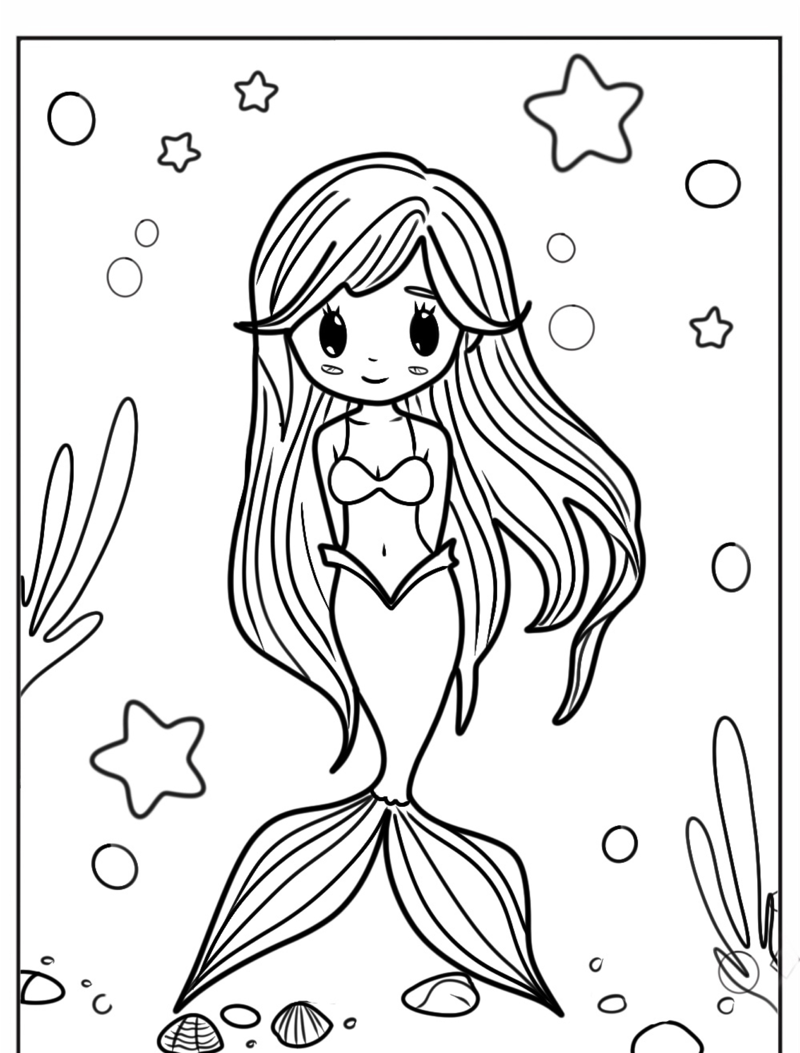 Um desenho fofo da Sereia com cabelos longos e um rosto sorridente cercado por bolhas, algas e estrelas do mar, perfeito para desenhos para colorir. Para colorir.