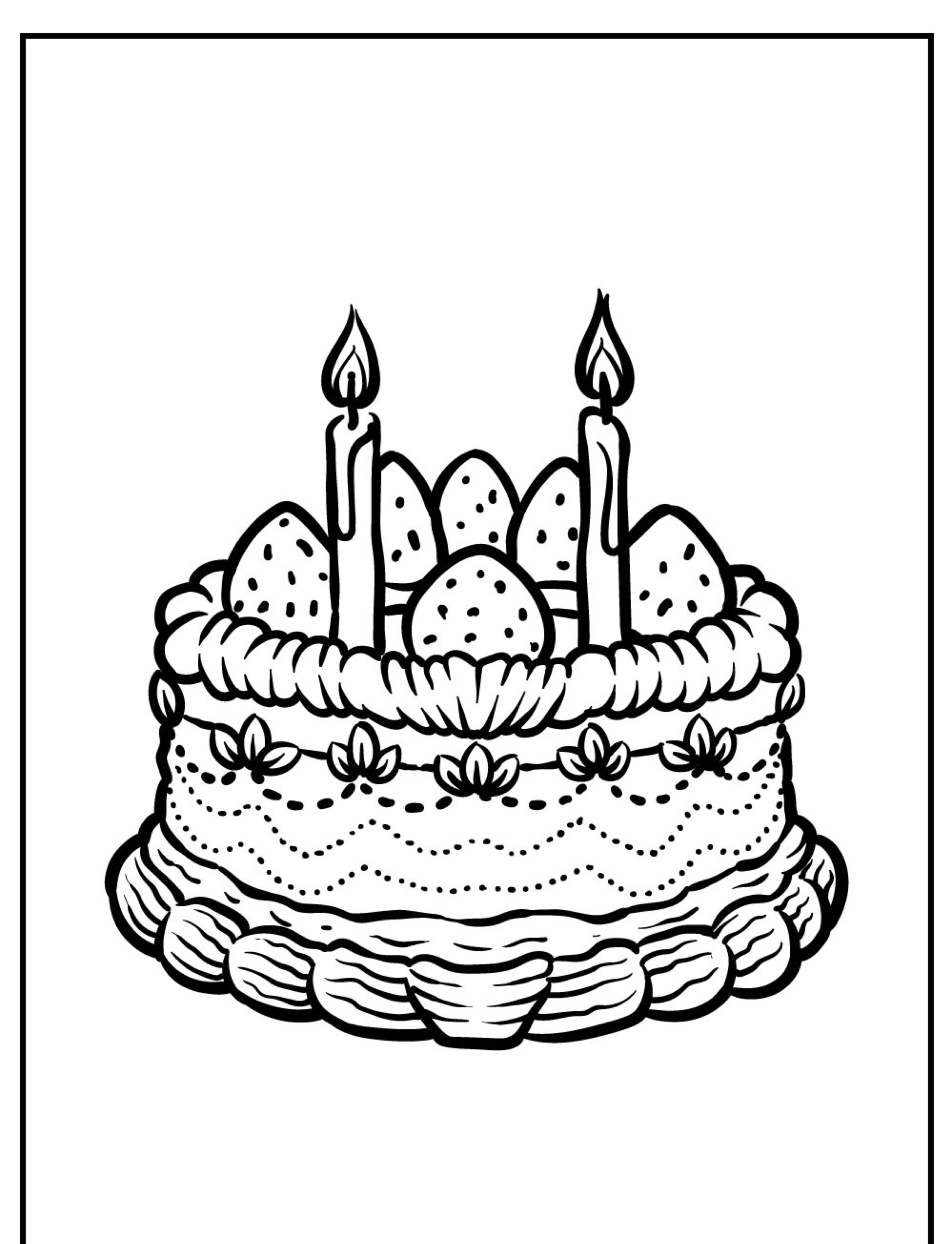 Um desenho em preto e branco de um bolo de aniversário com velas e morangos no topo, perfeito como bolo para colorir.