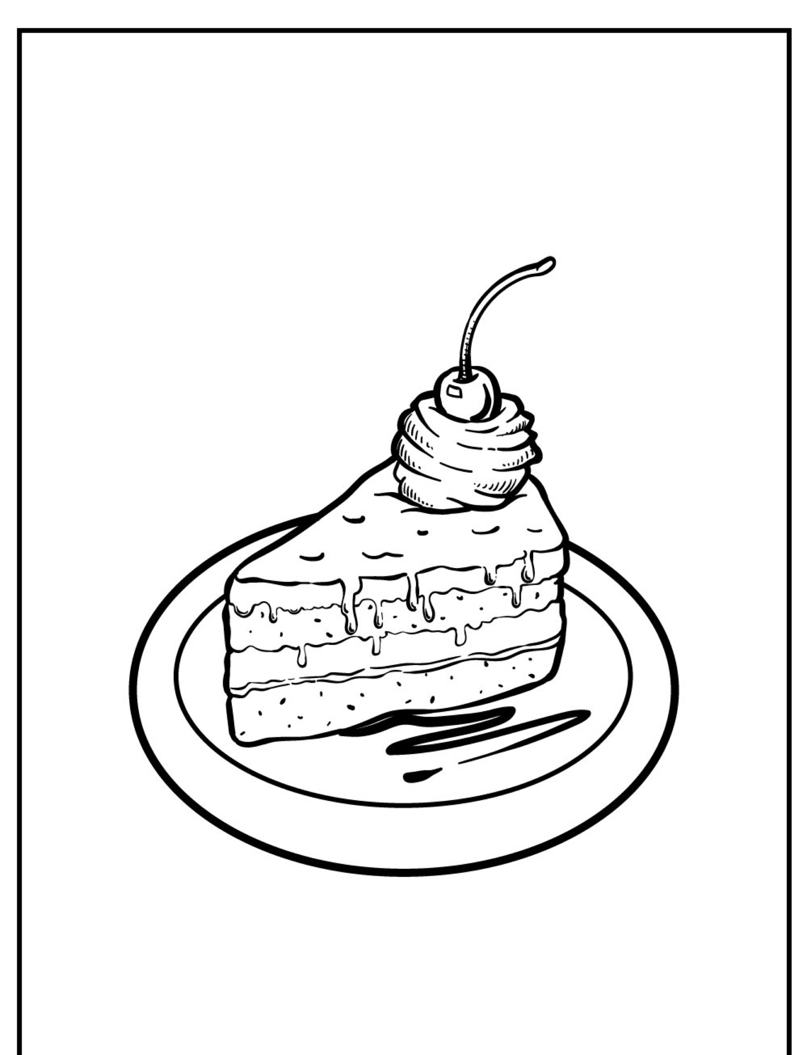 Uma fatia de bolo coberta com chantilly e uma cereja em um prato, mostrada em um desenho em preto e branco, perfeita para quem quer colorir bolo.