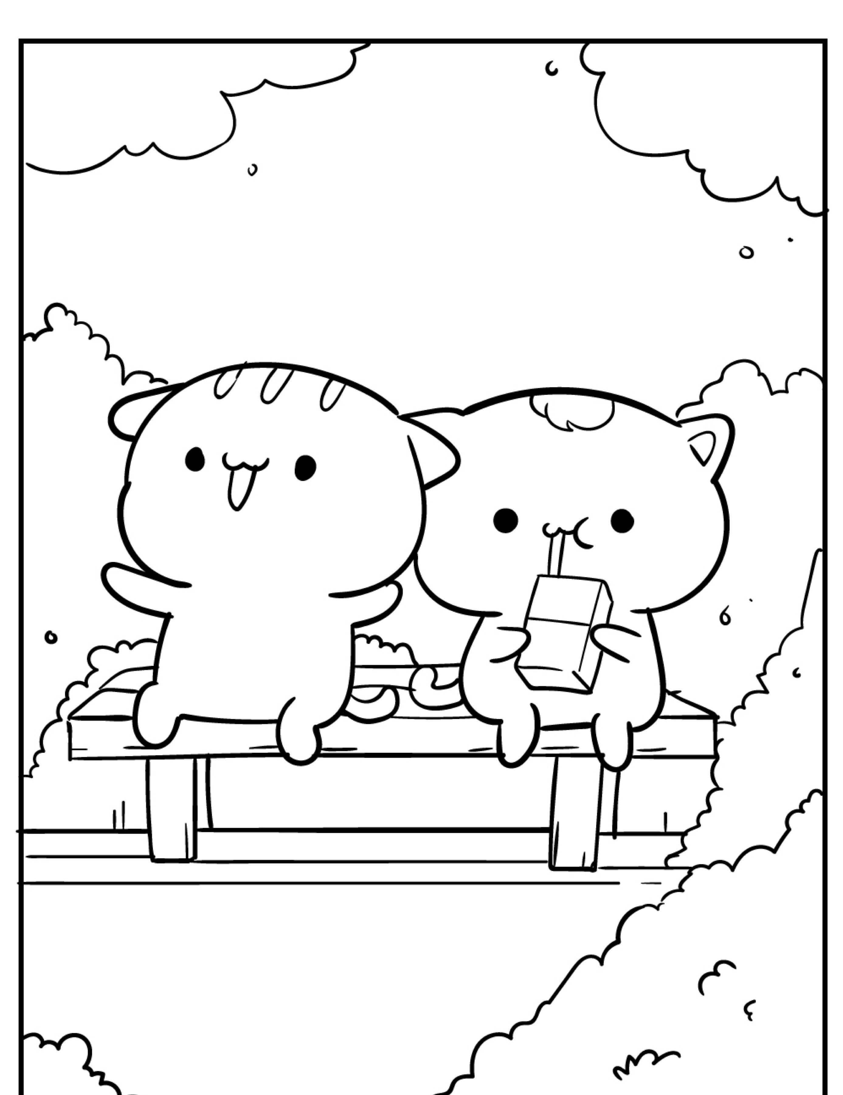 Dois adoráveis Desenhos kawaii gatos de desenho animado sentados em um banco, um com a língua para fora e o outro bebendo de uma caixa de suco. Perfeito para colorir e imprimir! Para colorir.