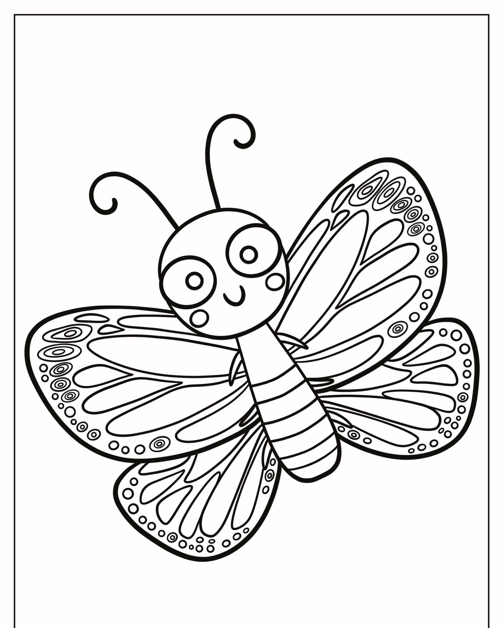 Um desenho em preto e branco apresentando uma borboleta sorridente com asas com padrões complexos. Para Colorir.