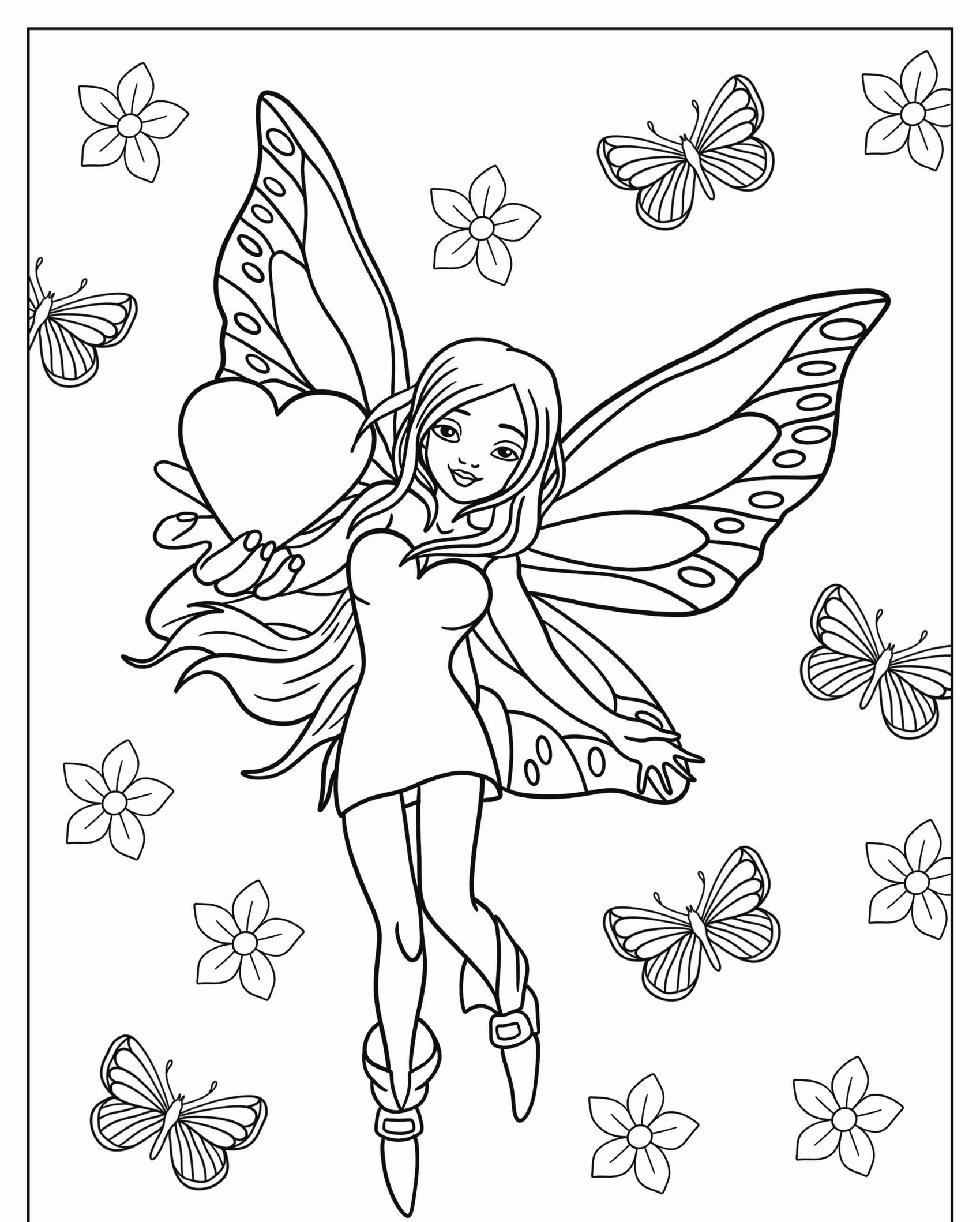 Uma fada com asas de borboleta segura um coração cercado por flores e borboletas em um lindo desenho para colorir. Para Colorir.