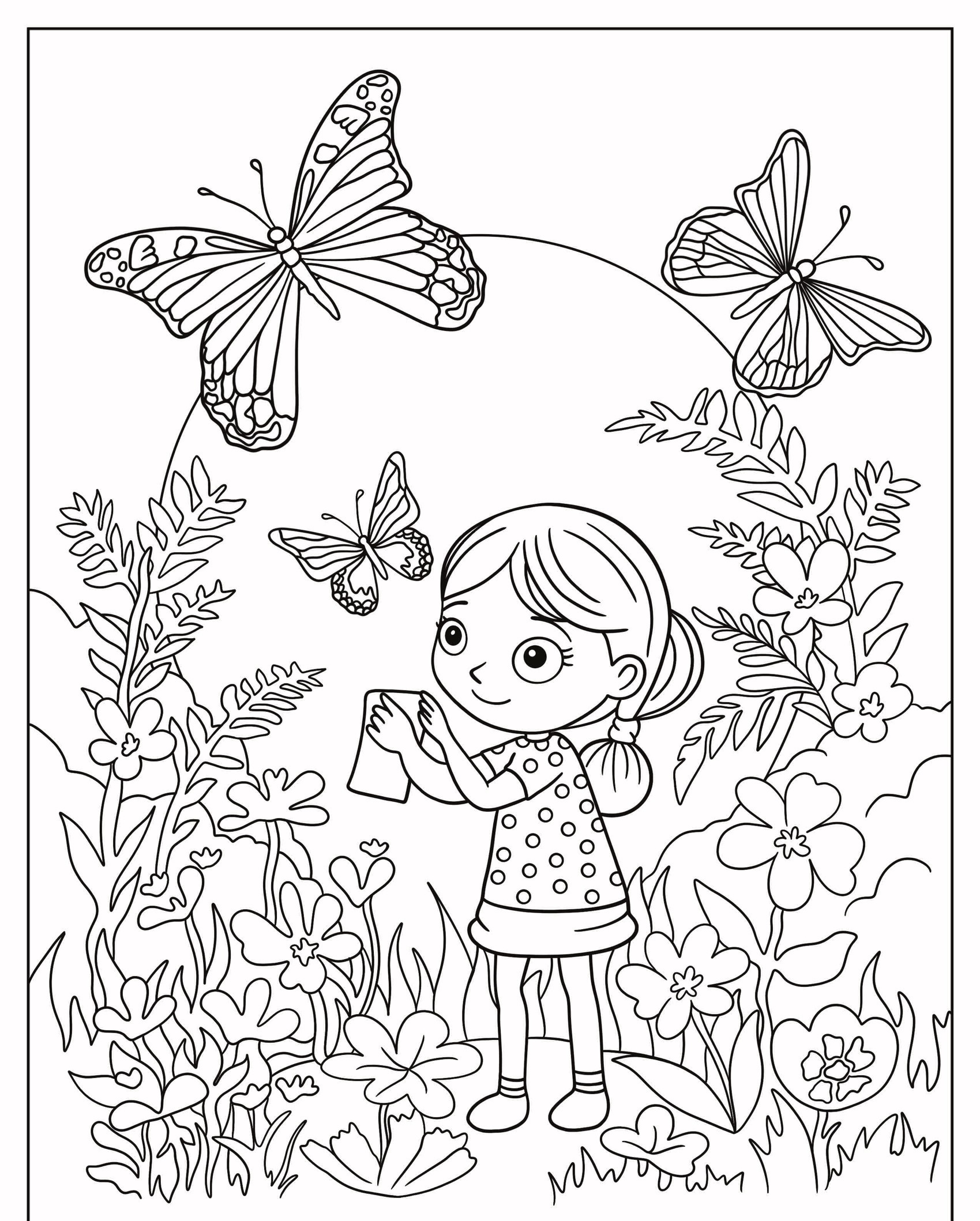 Uma jovem lendo um livro, cercada por flores e borboletas em um cenário de jardim caprichoso, que lembra um desenho colorido para colorir. Para Colorir.