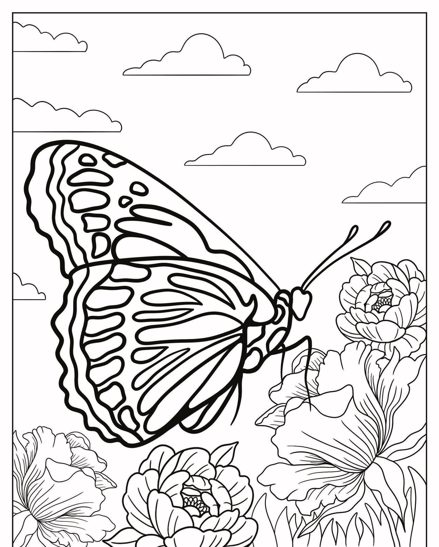 Desenho de uma borboleta pousada em flores com nuvens ao fundo, perfeita para colorir. Para Colorir.