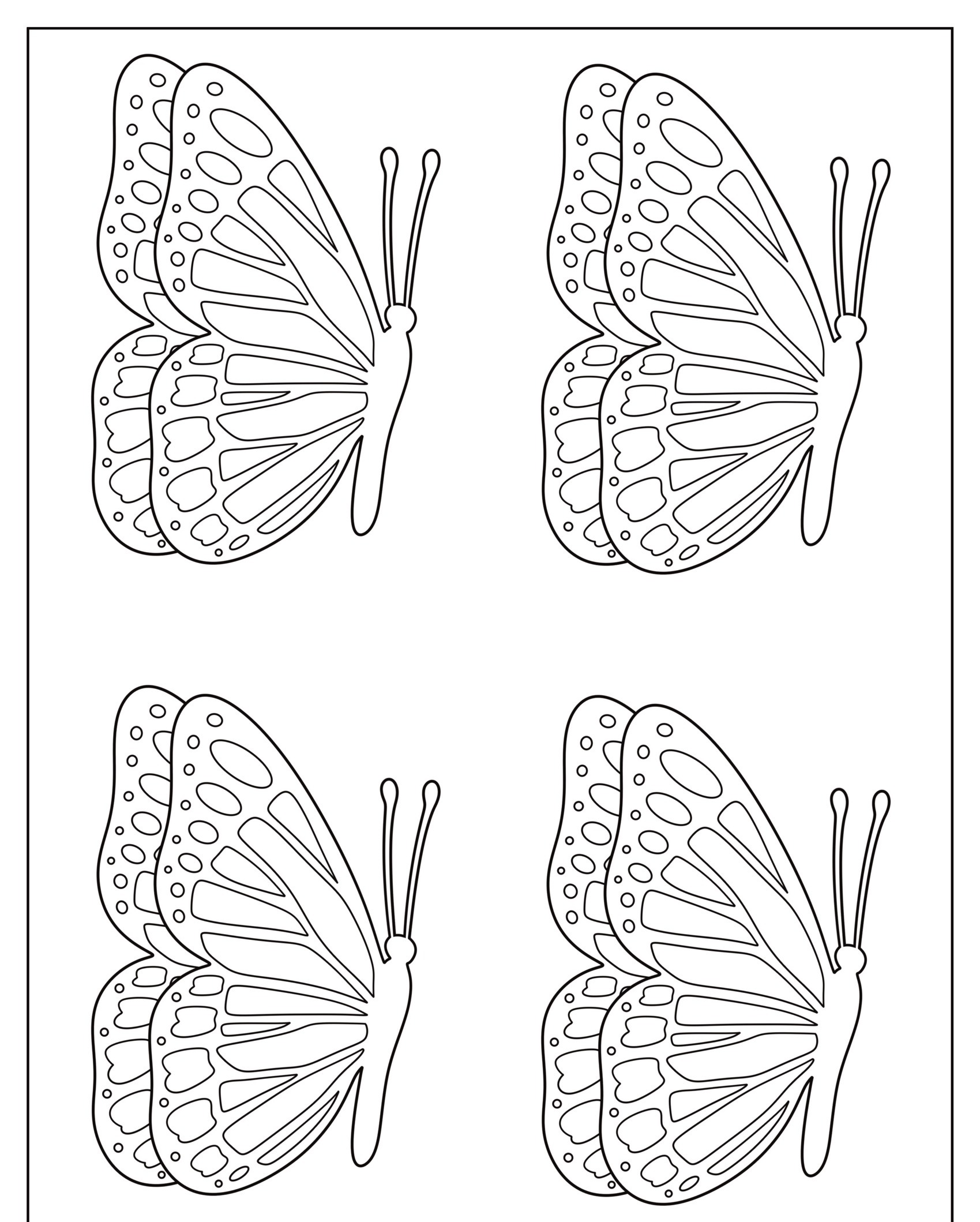 Quatro borboletas contornadas com padrões de asas detalhados, dispostas em uma grade de 2x2 em um fundo branco, perfeitas como desenho para colorir. Para Colorir.