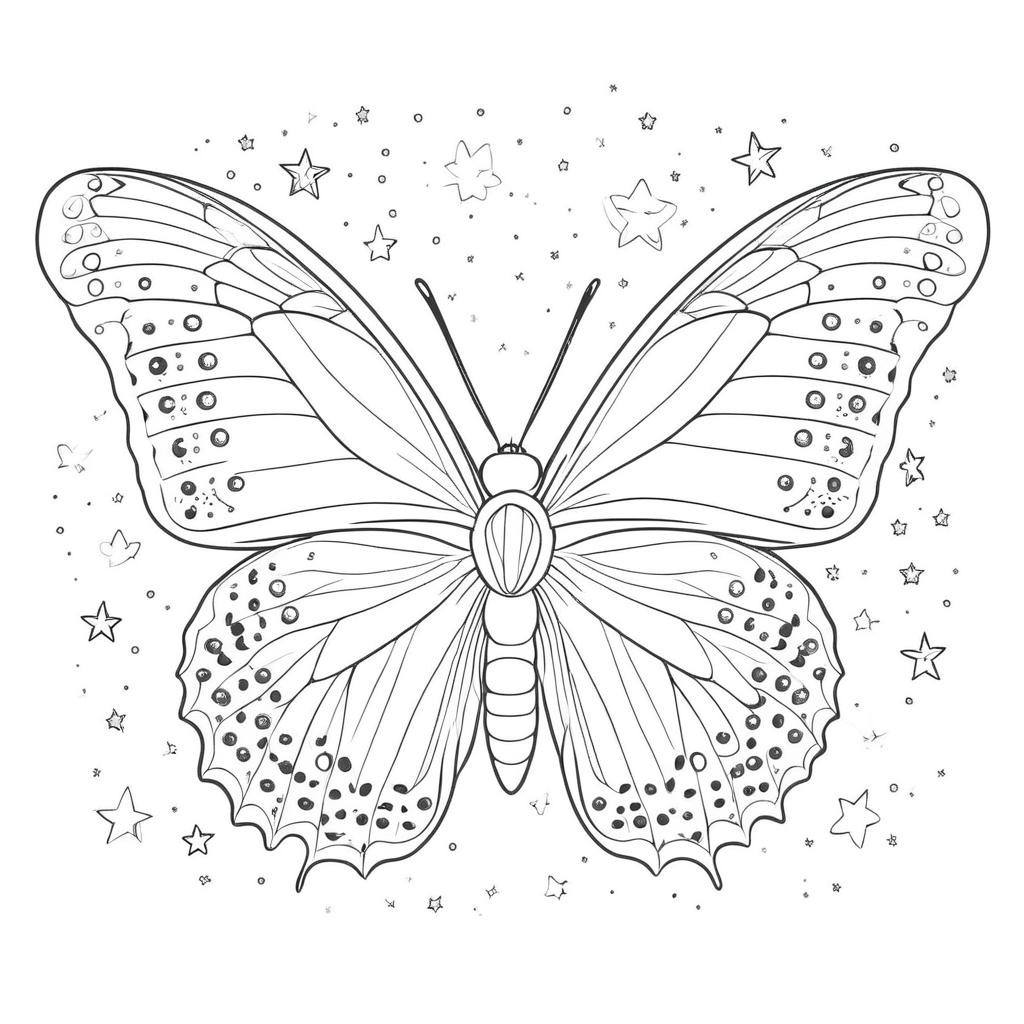 Line art de uma grande borboleta com asas detalhadas, cercada por pequenas estrelas em um fundo branco. Ideal desenho para colorir. Para Colorir.