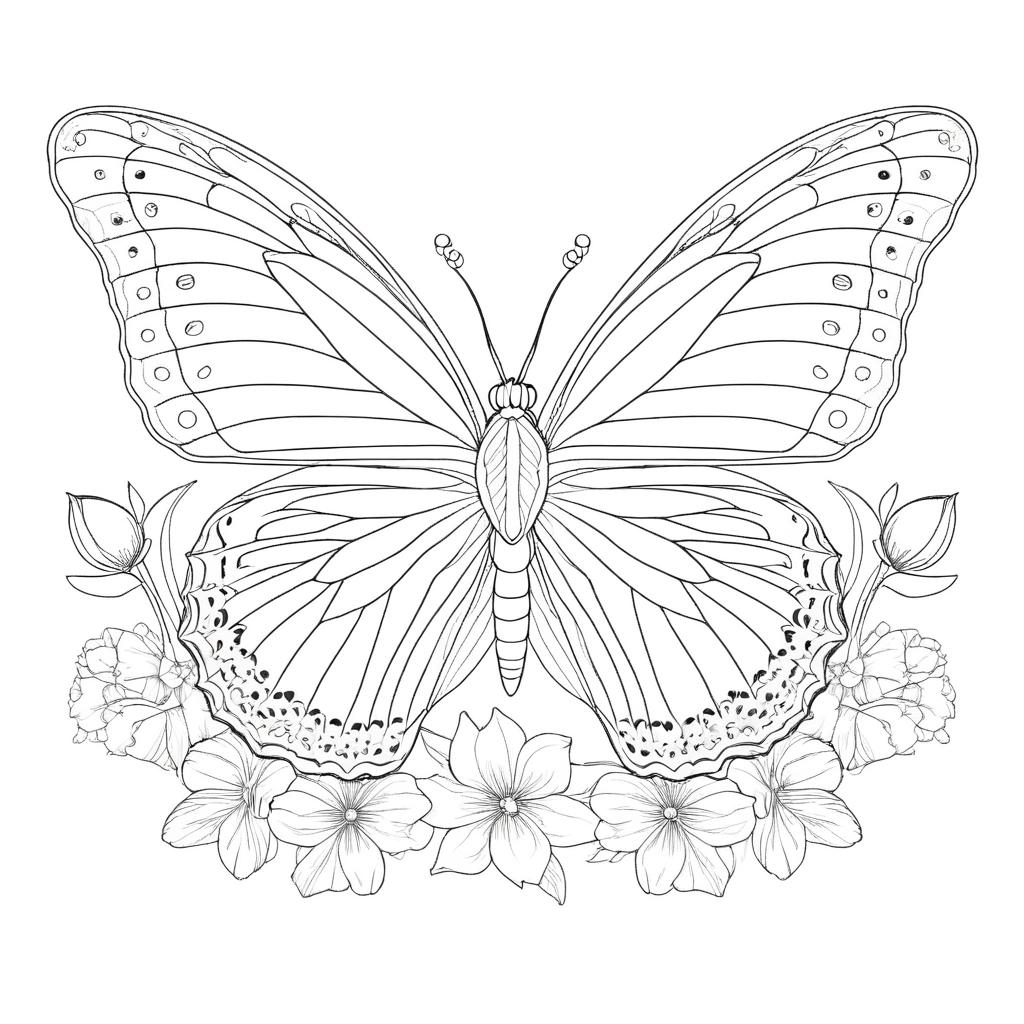 Desenho em preto e branco de uma borboleta com asas abertas cercadas por flores, perfeito para colorir. Para Colorir.