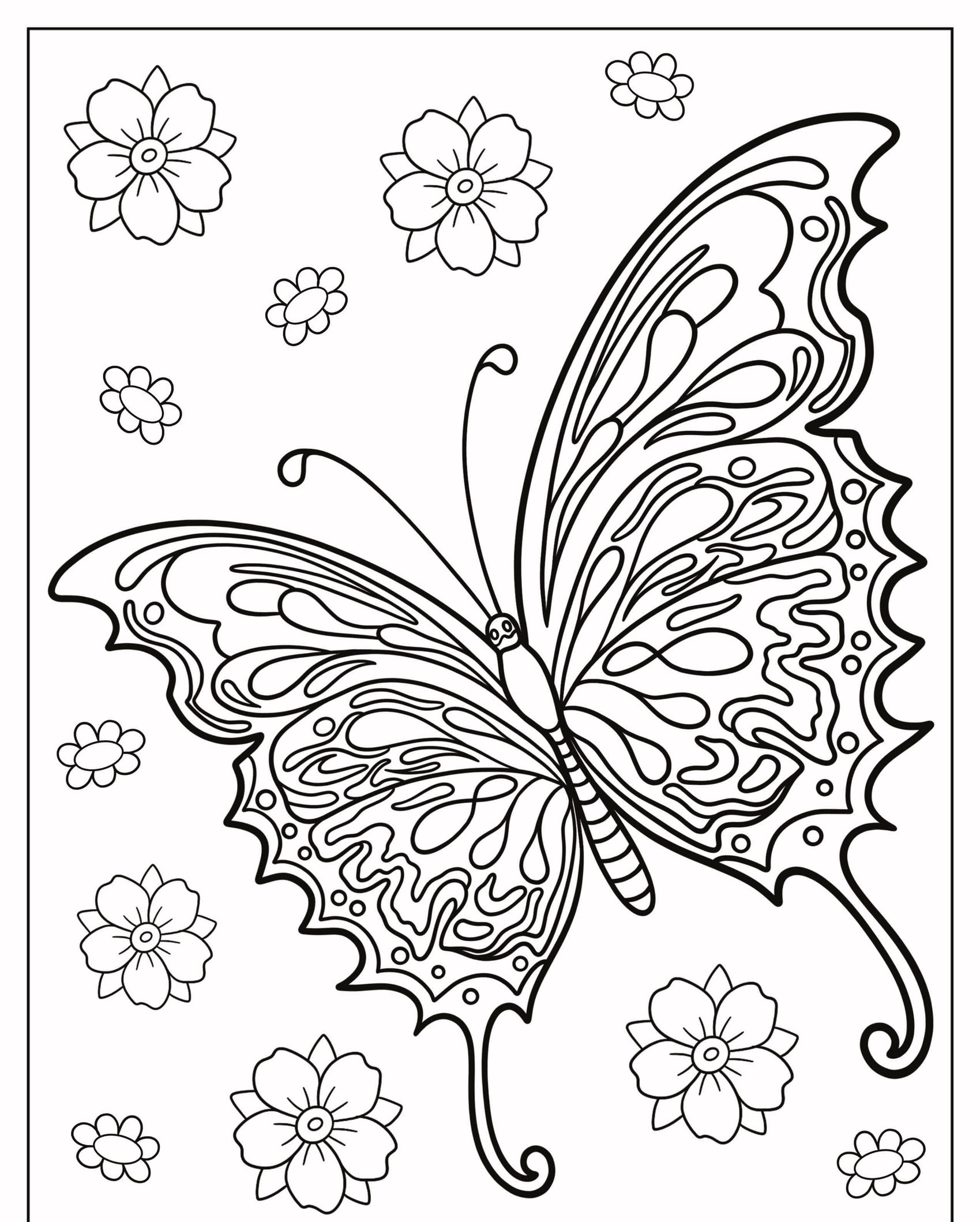 Borboleta ilustrada com padrões intrincados de asas cercadas por várias flores em um desenho para colorir. Para Colorir.