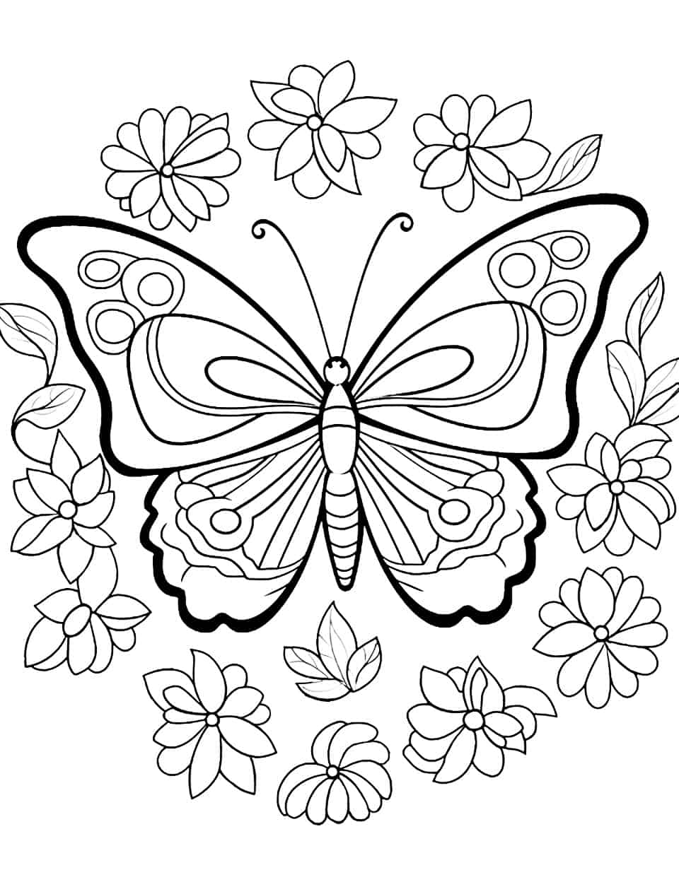 Um desenho detalhado em preto e branco de uma borboleta, cercada por várias flores e folhas — perfeito para quem gosta de colorir. Para Colorir.