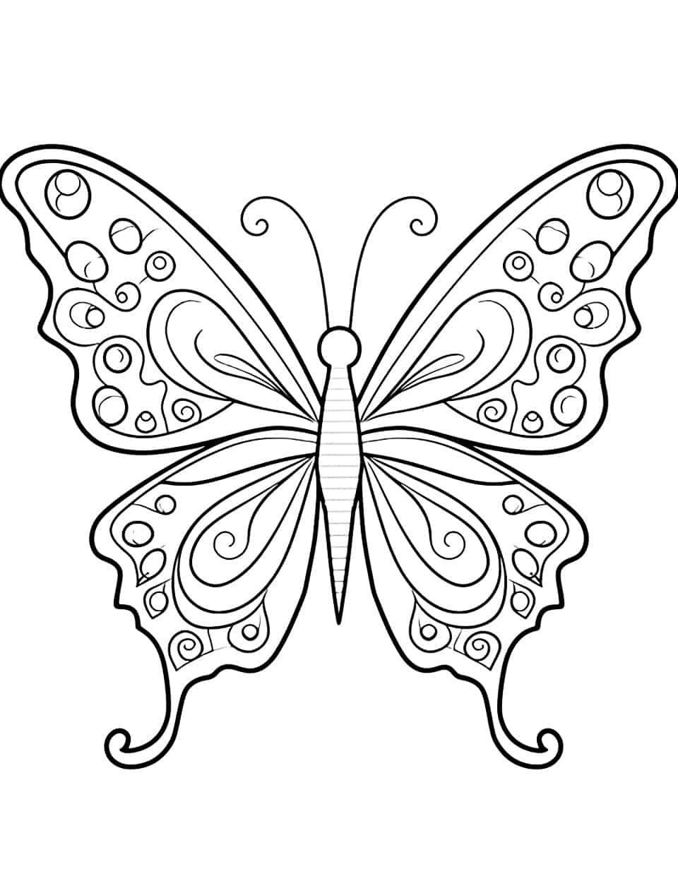 Desenho para colorir em preto e branco de uma borboleta com padrões ornamentados e espirais em suas asas. Para Colorir.