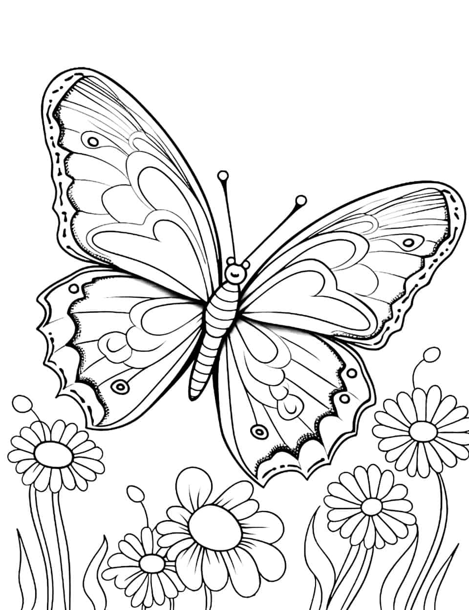 Um desenho detalhado em preto e branco de uma borboleta pairando sobre flores, pronto para colorir. Para Colorir.