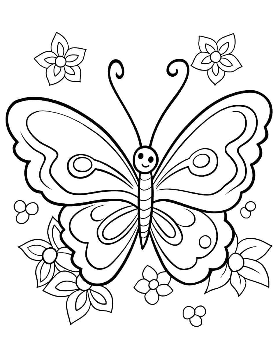 Desenho em preto e branco de uma borboleta sorridente cercada por flores e folhas, perfeito para colorir. Para Colorir.