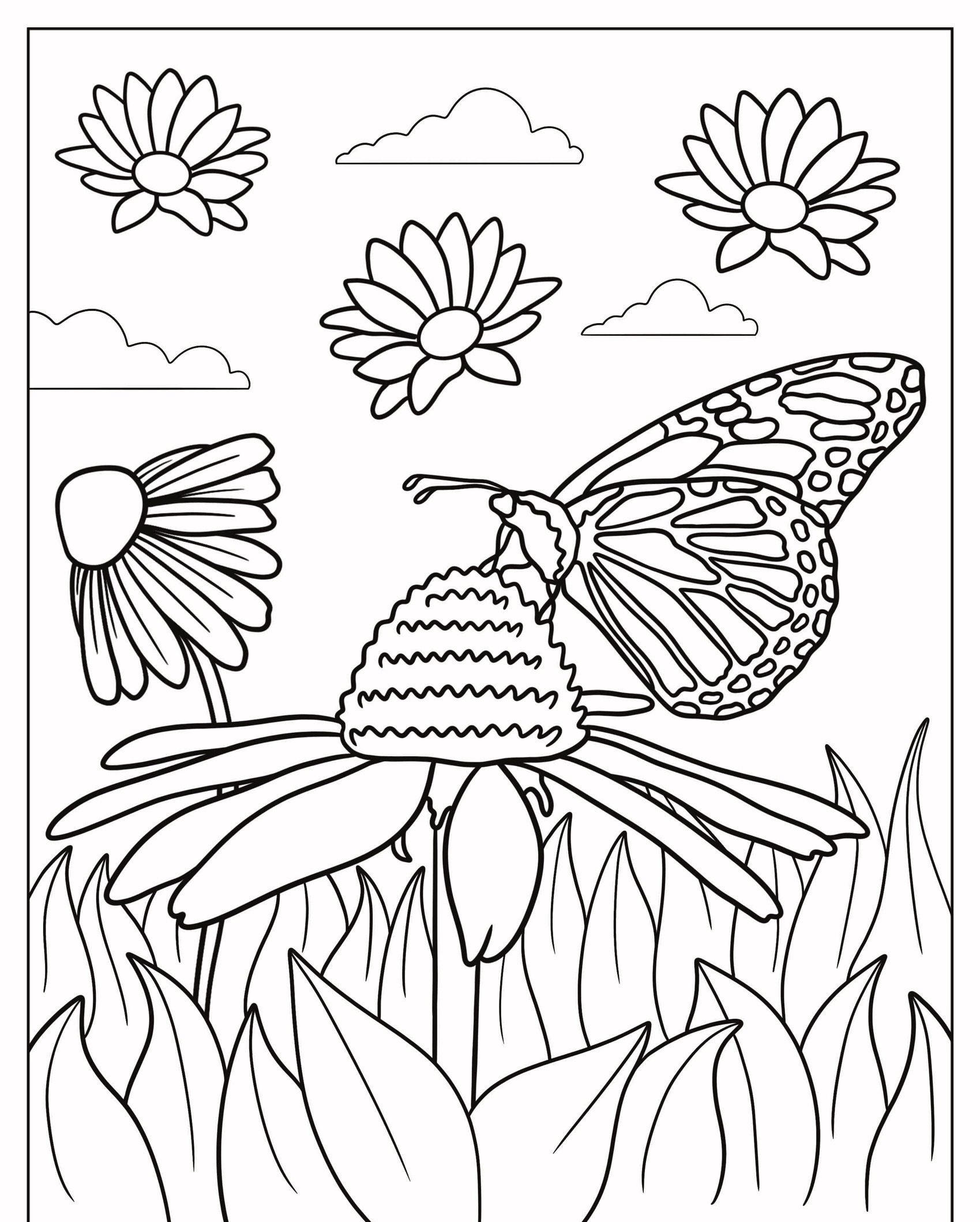 A borboleta pousa em uma flor com três margaridas ao redor e nuvens ao fundo; página de desenho para colorir em preto e branco. Para Colorir.