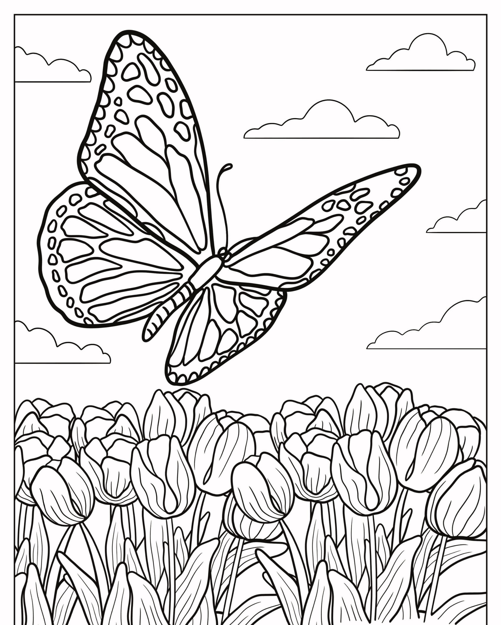 Um desenho de borboleta voa sobre um campo de tulipas florescendo com nuvens ao fundo. Para Colorir.