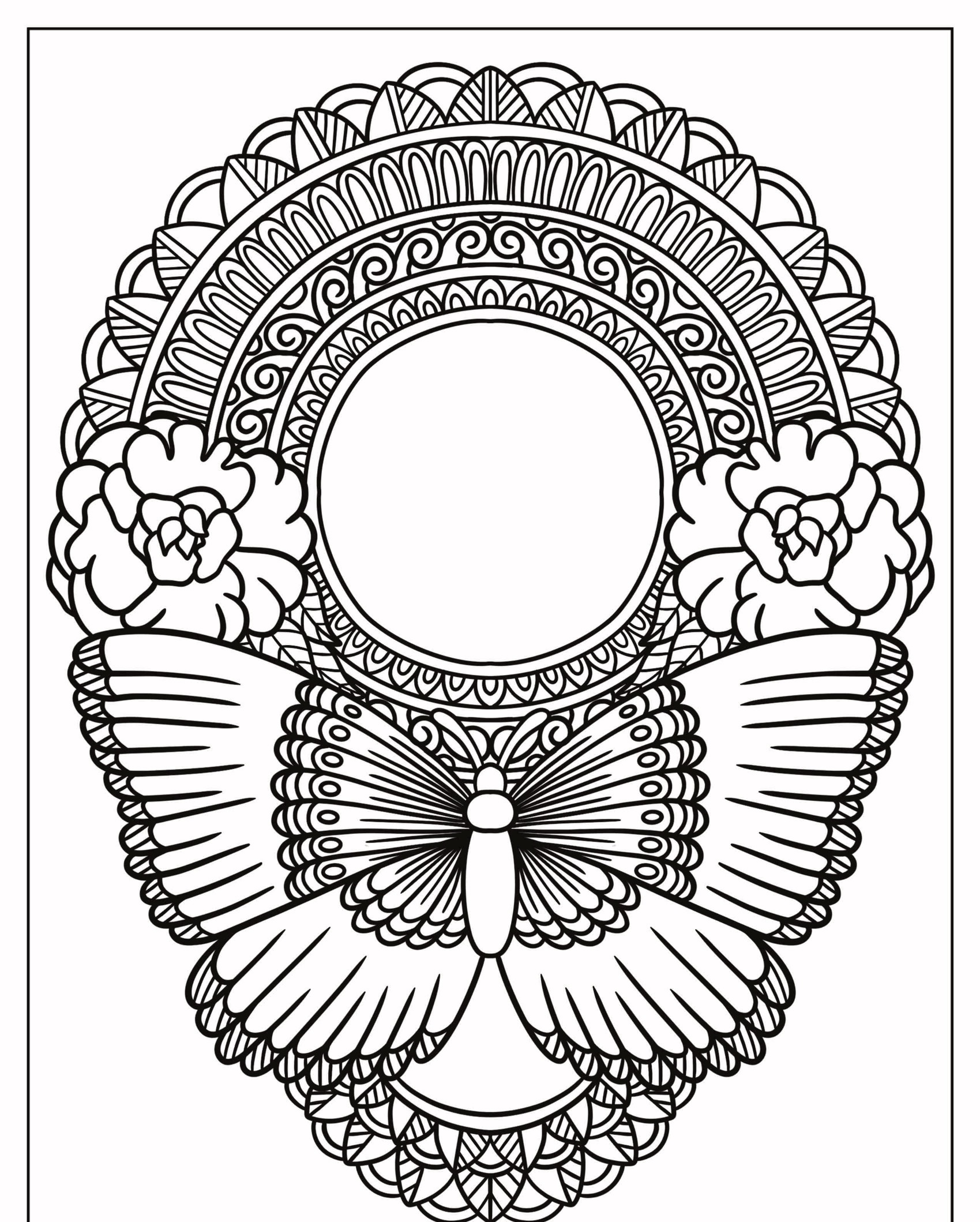 Mandala complexa com um Desenho de Borboleta central, elementos florais e padrões ornamentados formando uma moldura circular, perfeita para quem gosta de colorir. Para Colorir.