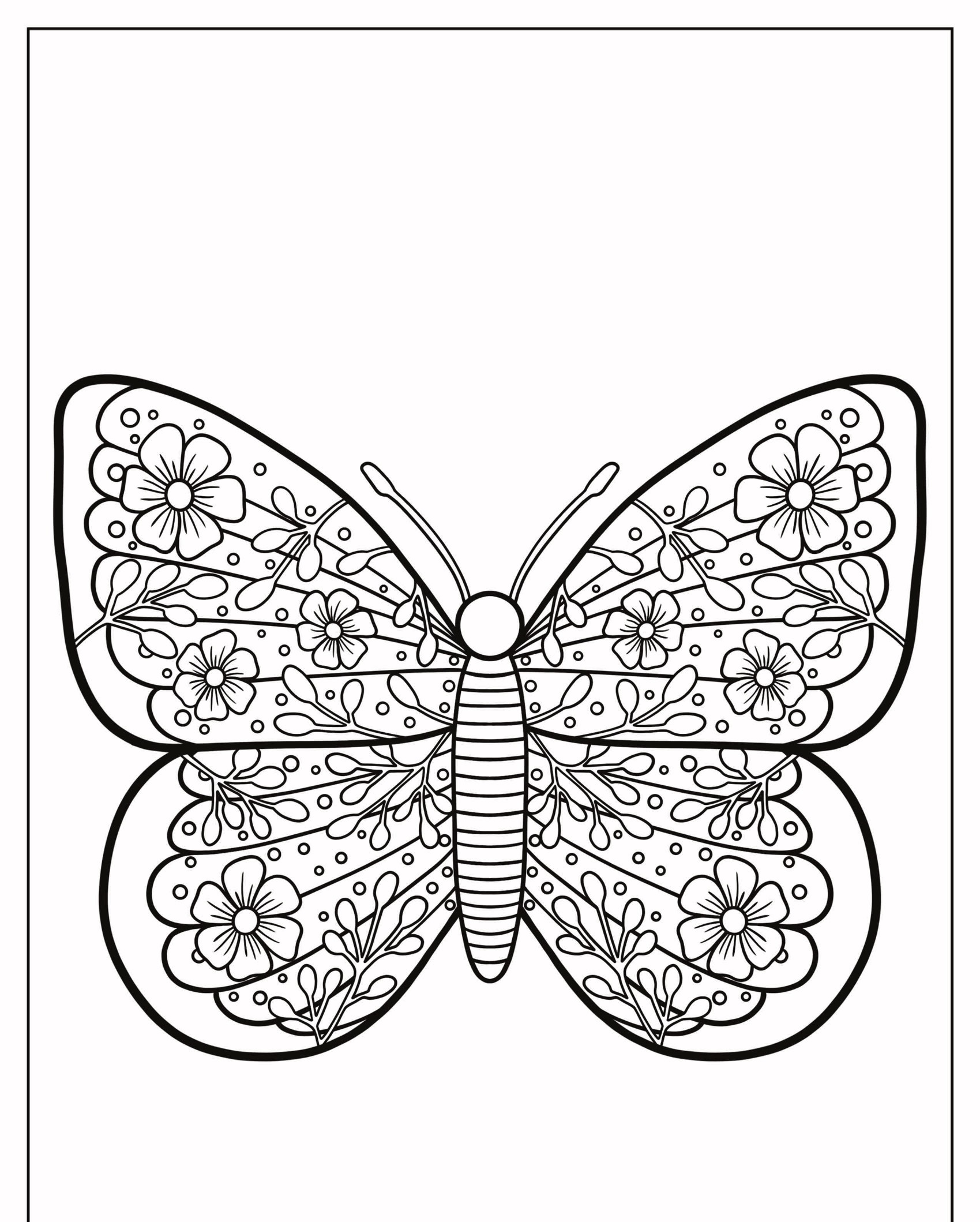 Um desenho em preto e branco de uma borboleta com padrões florais complexos em suas asas, perfeito para colorir. Para Colorir.