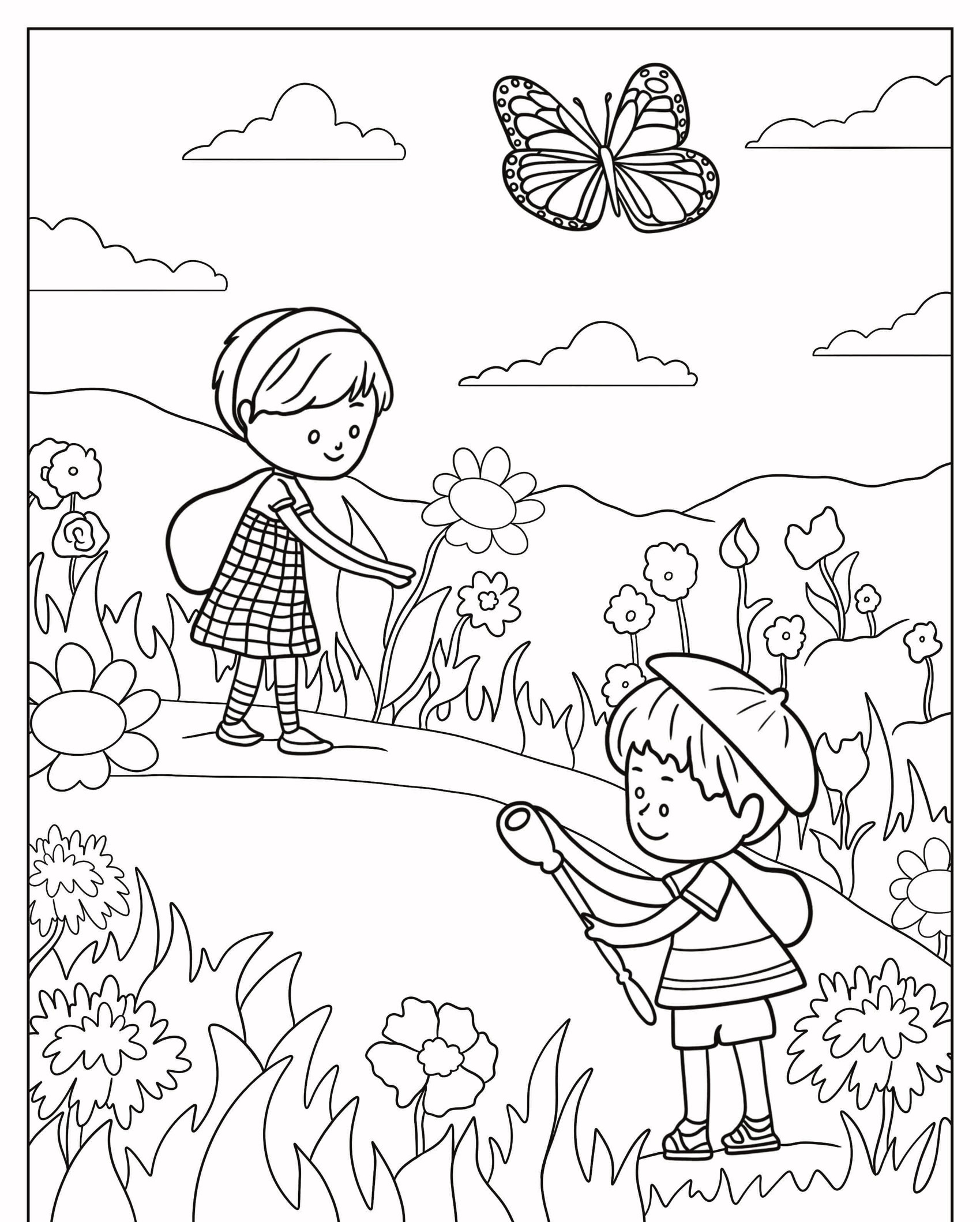 Duas crianças brincando em um campo cheio de flores com uma borboleta voando acima delas. Uma segura uma rede, e a outra está pulando, criando uma cena encantadora perfeita para um Para Colorir Desenho de Borboleta. Para Colorir.