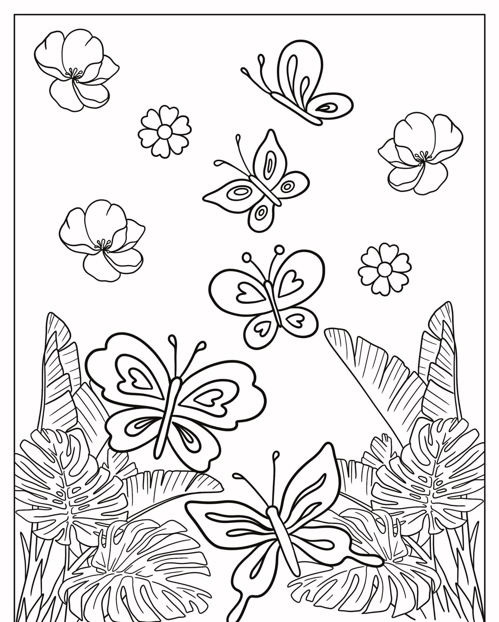 Desenho de uma página para colorir com borboletas e flores, com folhas tropicais ao fundo. Para Colorir.