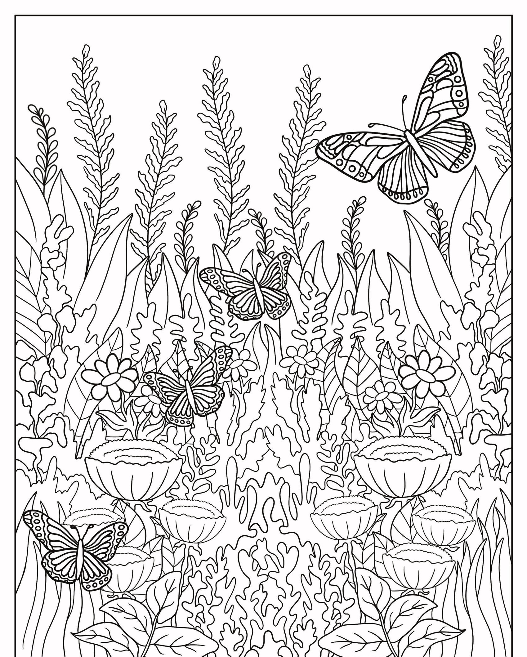 Desenho para colorir com quatro borboletas graciosas emparelhando sobre um jardim cheio de plantas e flores variadas. Para Colorir.