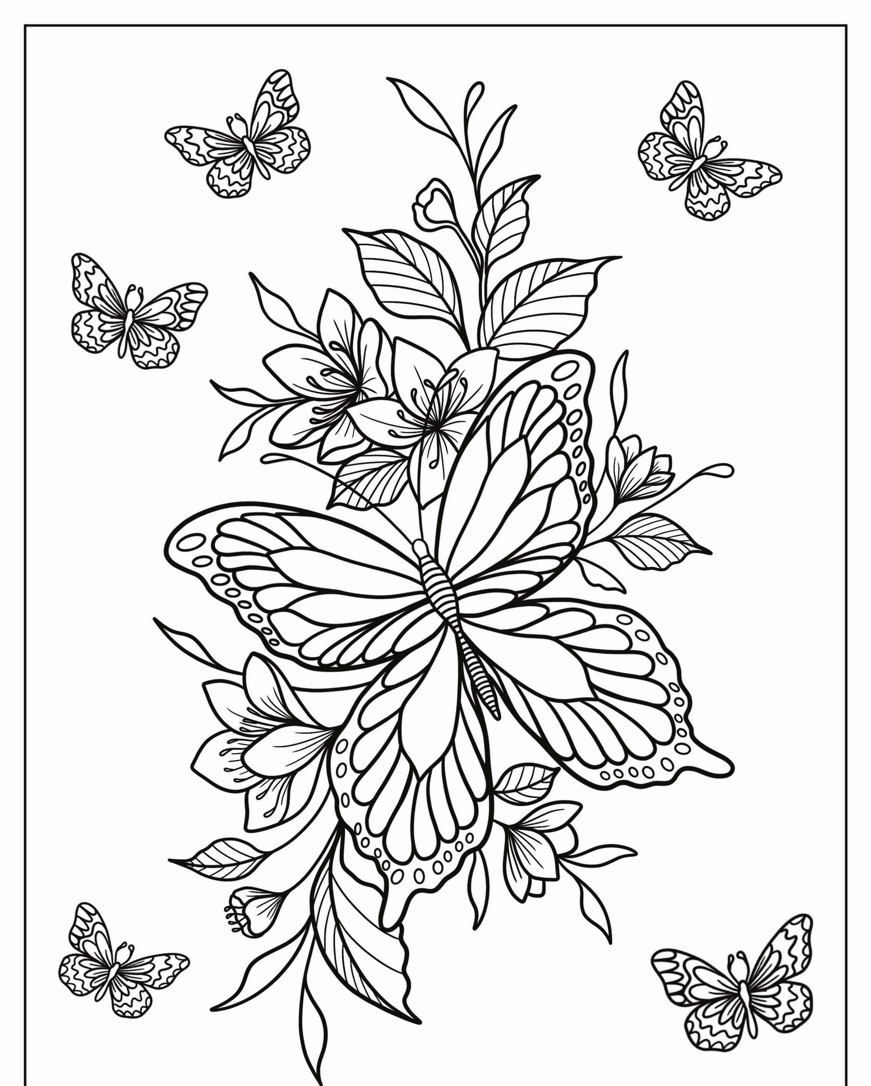 Colorir: Ilustração em preto e branco de uma grande borboleta com flores e cinco borboletas menores ao redor, convidando você a dar vida a ela. Para Colorir.