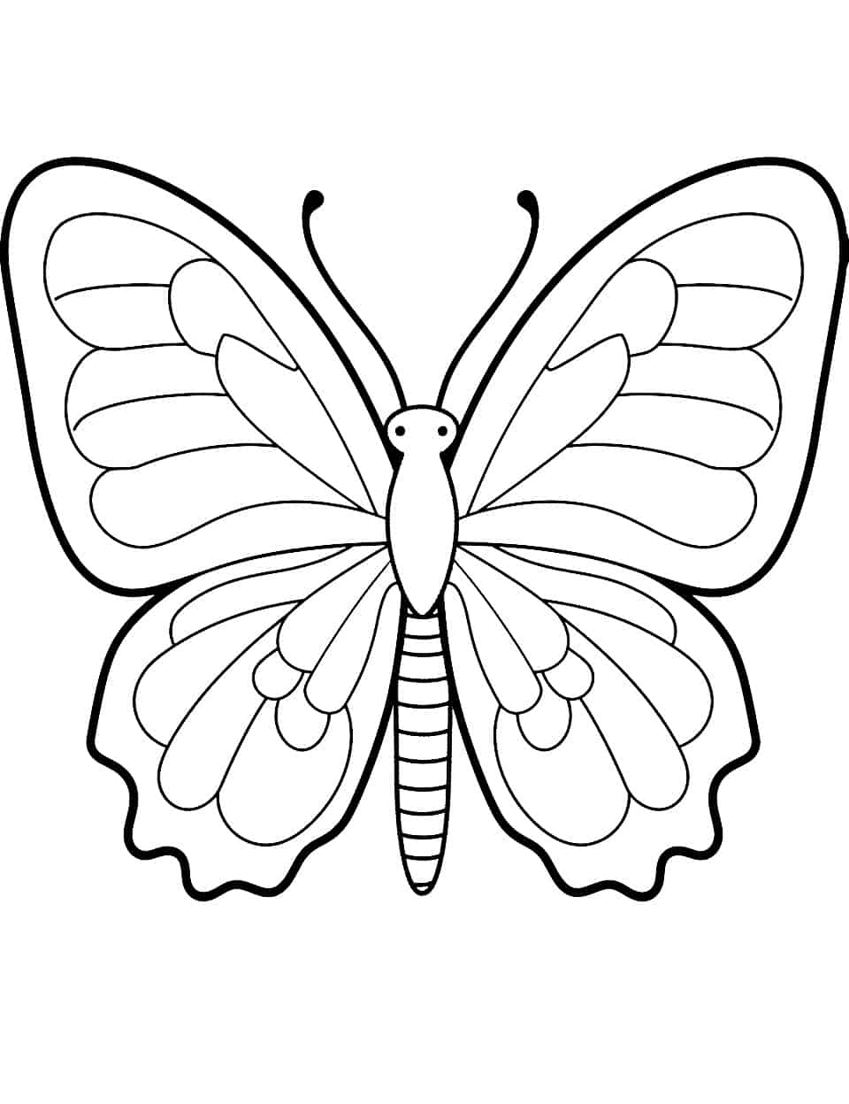 Um desenho em preto e branco de uma borboleta com padrões detalhados de asas e um corpo listrado, perfeito como Borboleta para Colorir. Para Colorir.