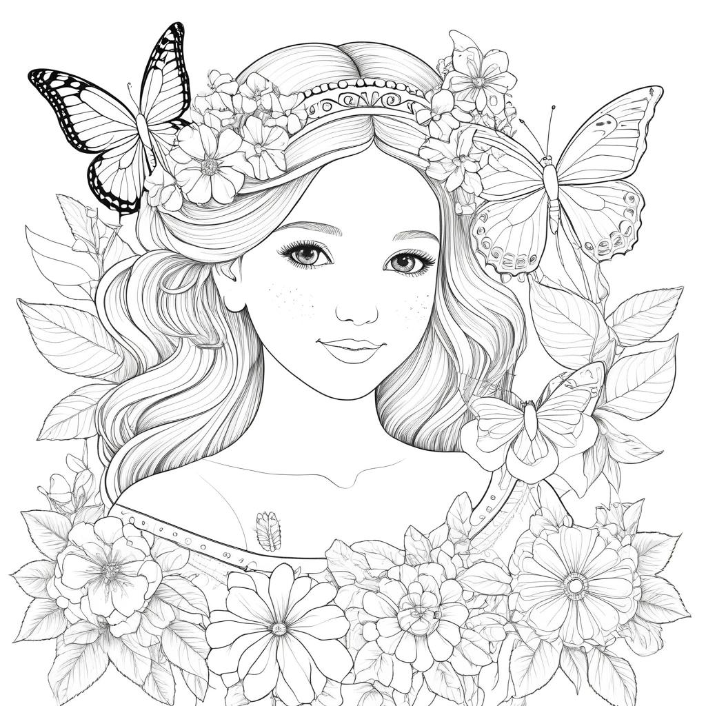 Uma mulher com flores no cabelo, cercada por borboletas e plantas floridas, em um esboço detalhado em preto e branco — um desenho para colorir perfeito. Para Colorir.