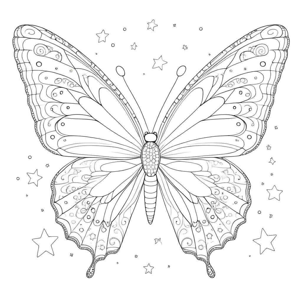 Desenho de uma borboleta com padrões complexos nas asas, cercado por pequenas estrelas e pontos, perfeito para colorir. Para Colorir.