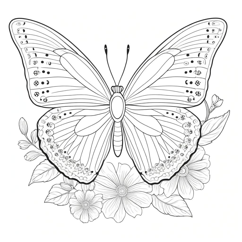 Ilustração de Desenho de Borboleta em preto e branco com asas detalhadas e flores ao fundo, perfeito para colorir. Para Colorir.