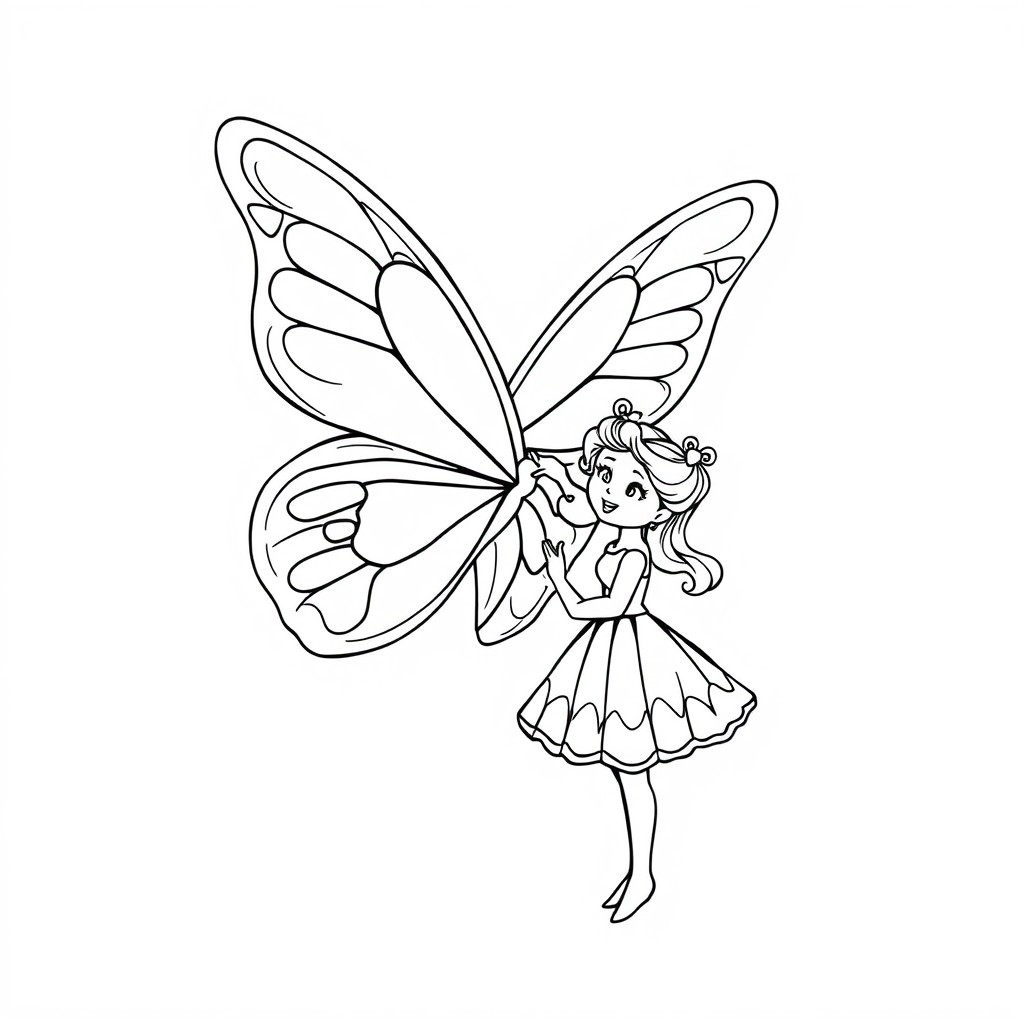 Uma garota com asas de borboleta usando um vestido, flutuando e segurando uma de suas grandes asas. Desenho em preto e branco de uma borboleta, perfeito para colorir. Para Colorir.