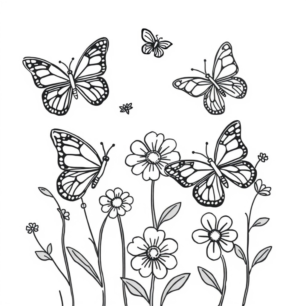 Desenho em preto e branco de borboletas flutuando ao redor de flores desabrochando com caules e folhas, perfeito para colorir. Para Colorir.