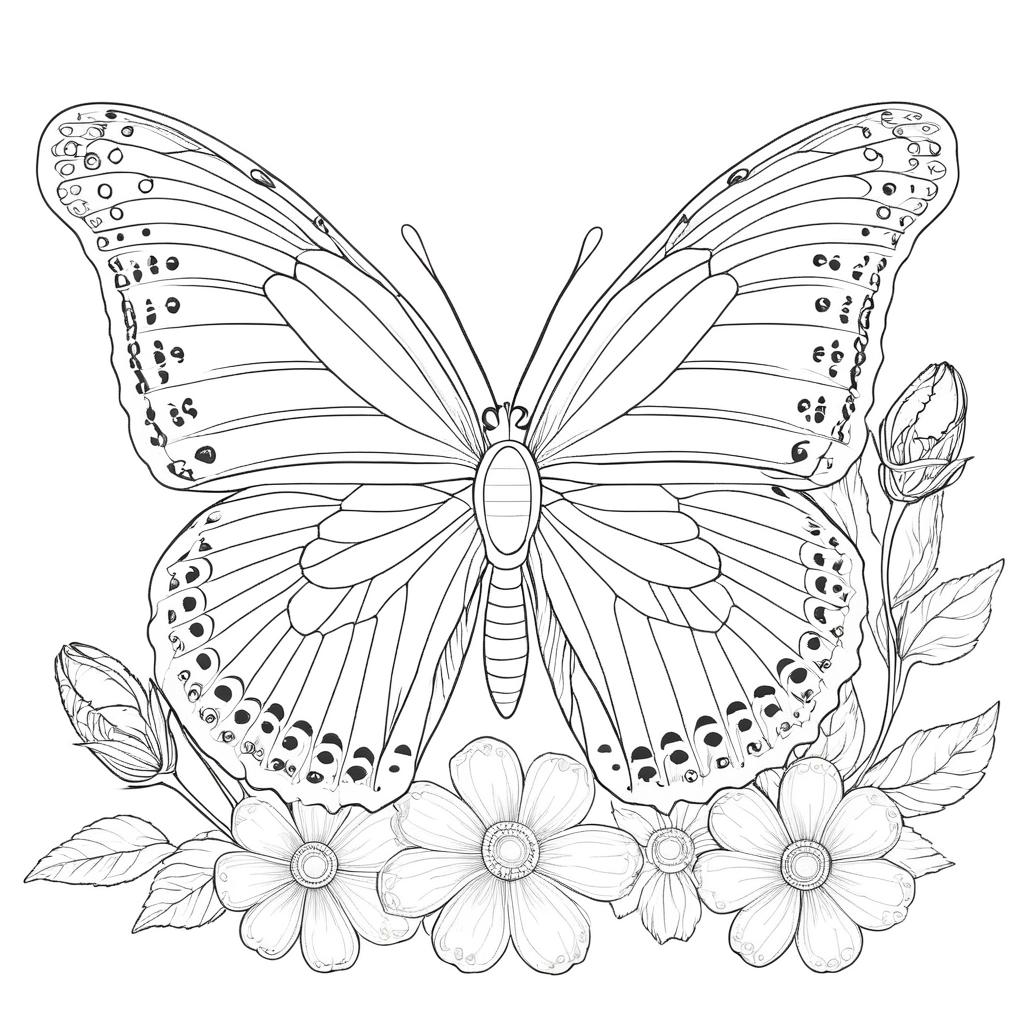 Uma ilustração detalhada de uma borboleta com asas abertas empoleiradas em flores desabrochando e cercadas por folhas, perfeita para colorir este lindo desenho. Para Colorir.